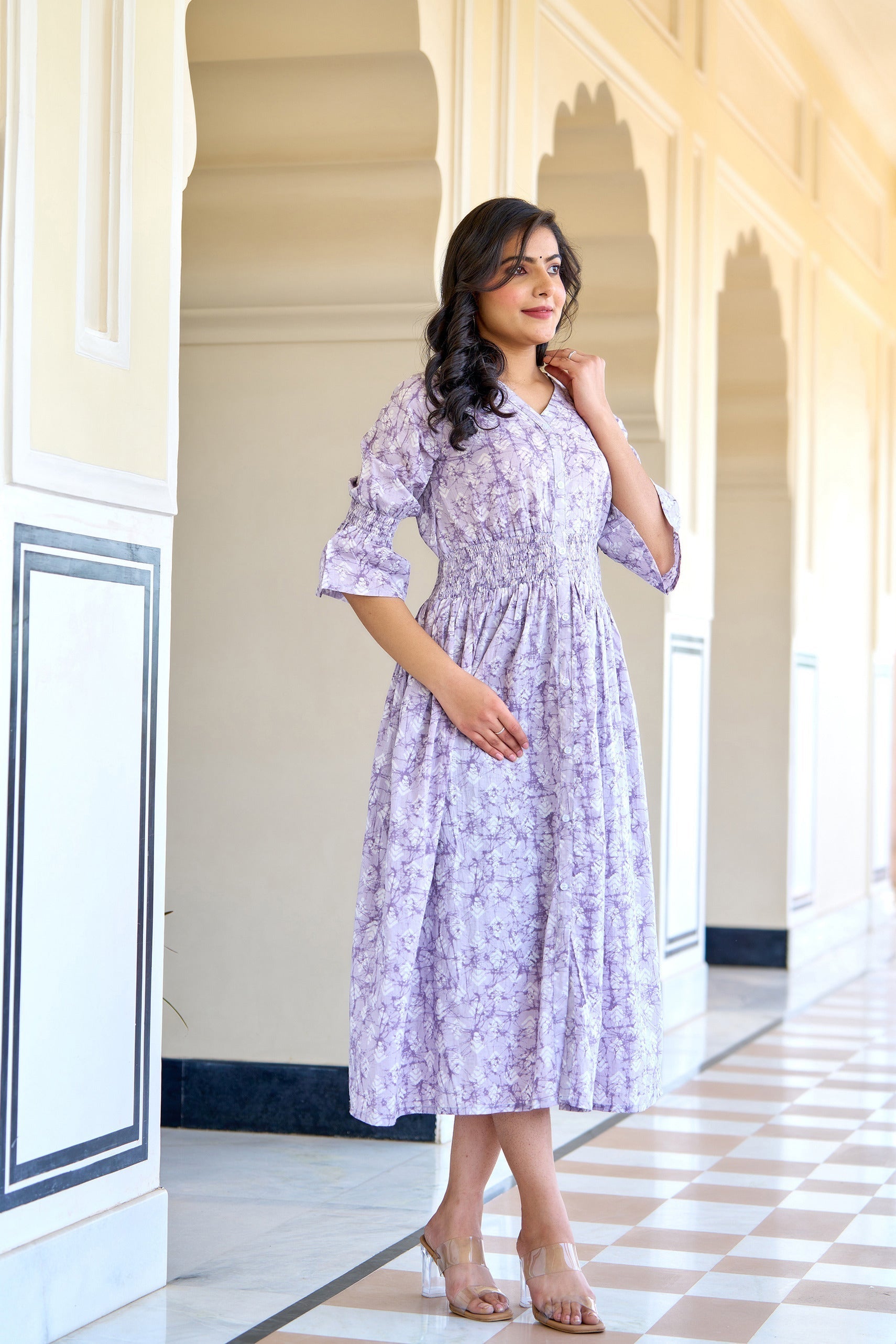 Women's Purple Printed Flared Dress - Taantav