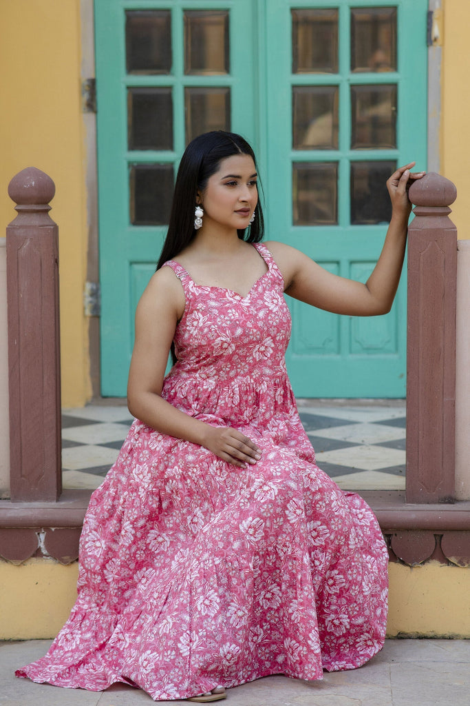 Women's Pink Floral Printed Sleeveless Flared Dress