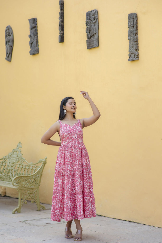 Women's Pink Floral Printed Sleeveless Flared Dress