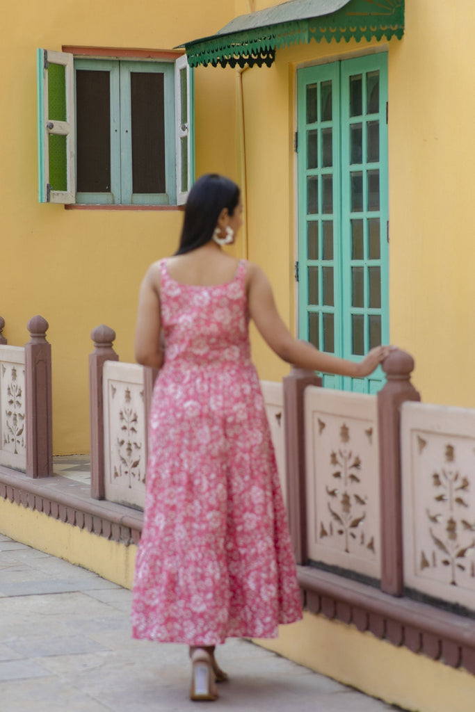 Women's Pink Floral Printed Sleeveless Flared Dress