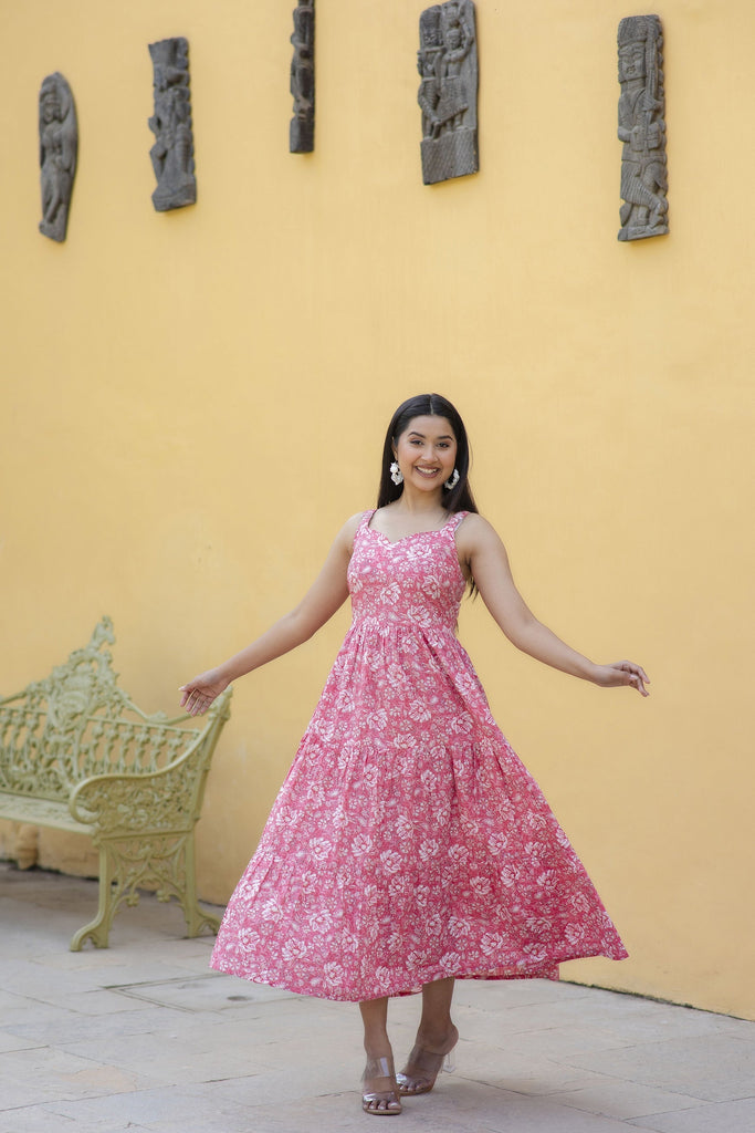 Women's Pink Floral Printed Sleeveless Flared Dress
