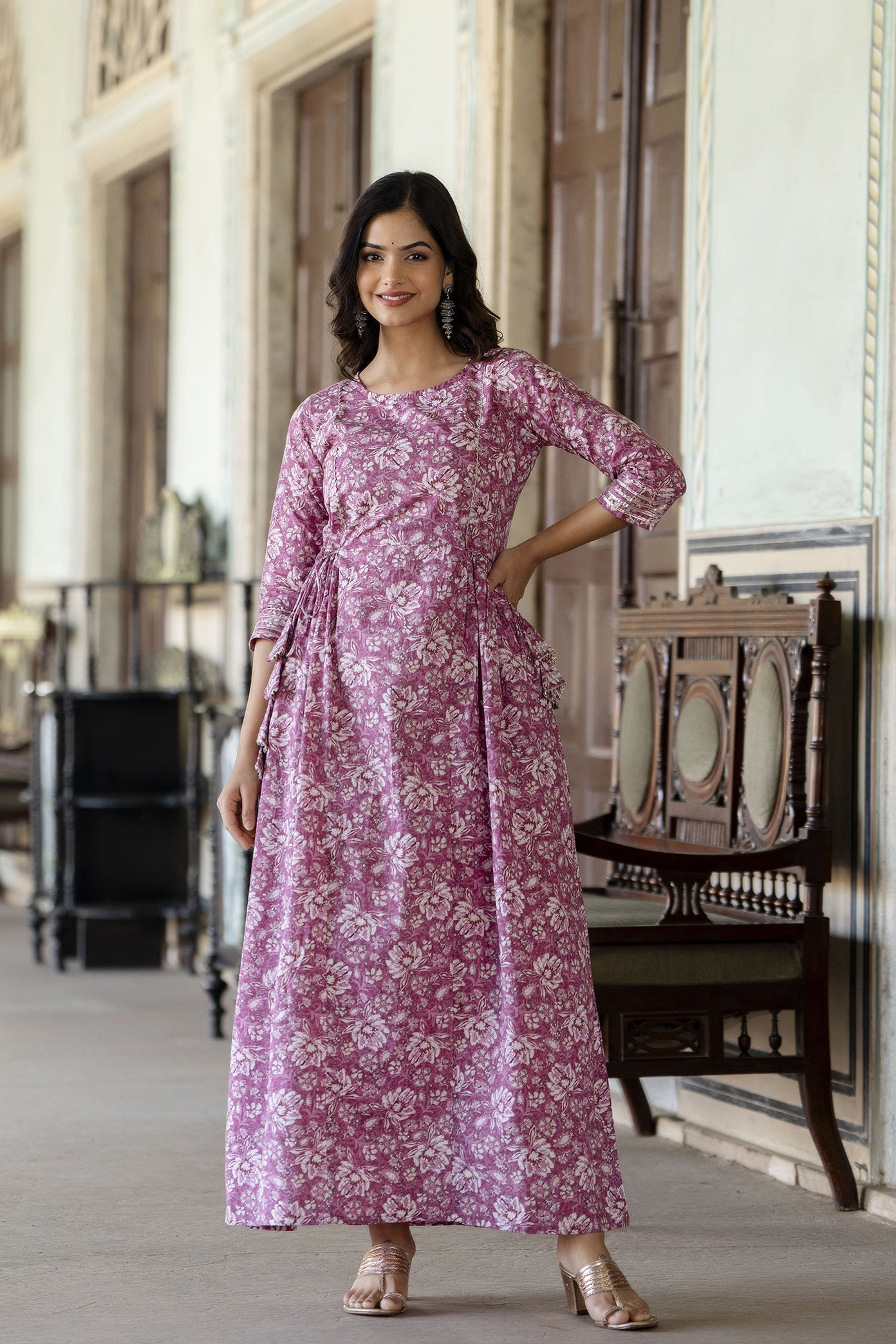 Women's Pink Printed Flared Dress With Three quarter Sleeves - Taantav