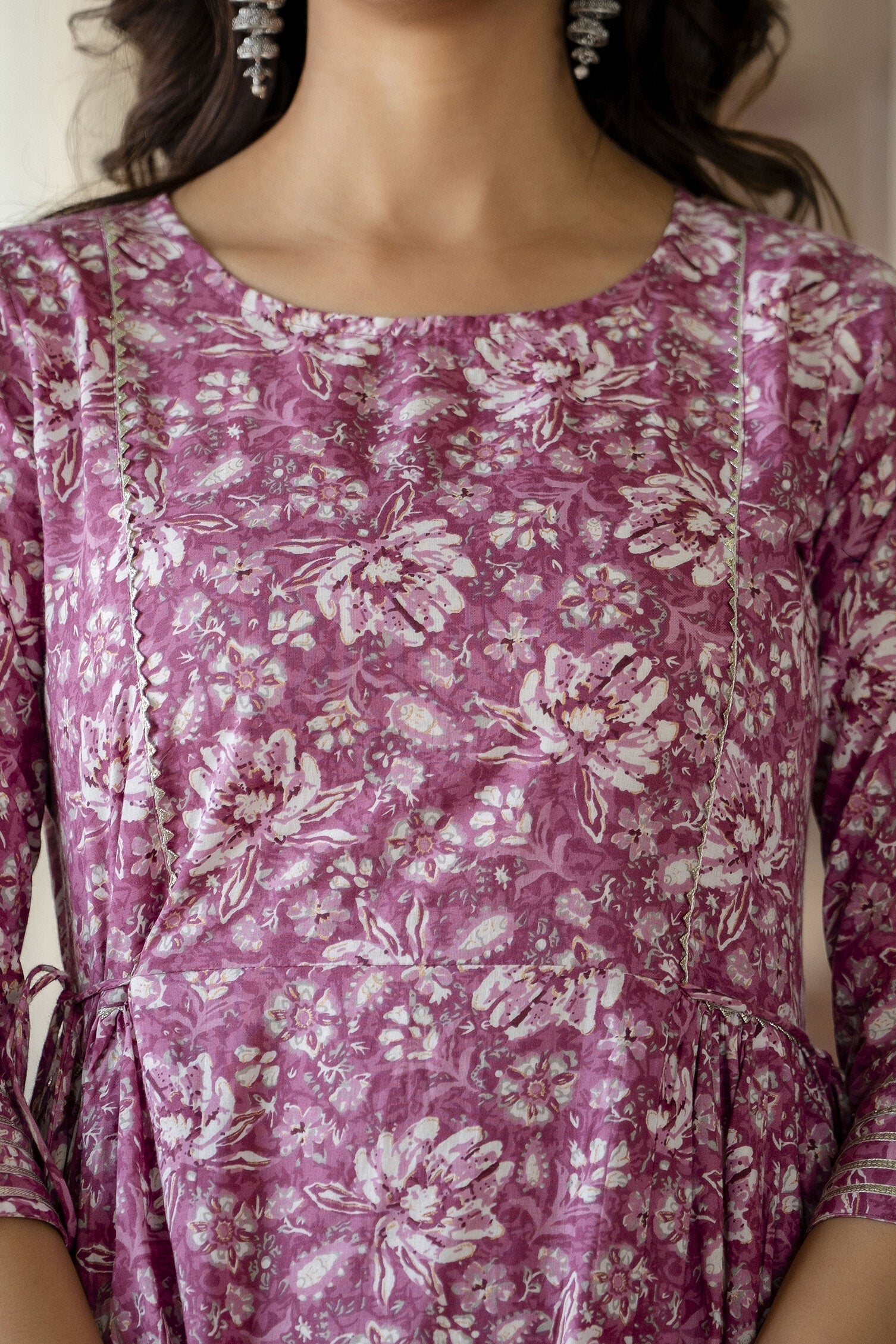 Women's Pink Printed Flared Dress With Three quarter Sleeves - Taantav