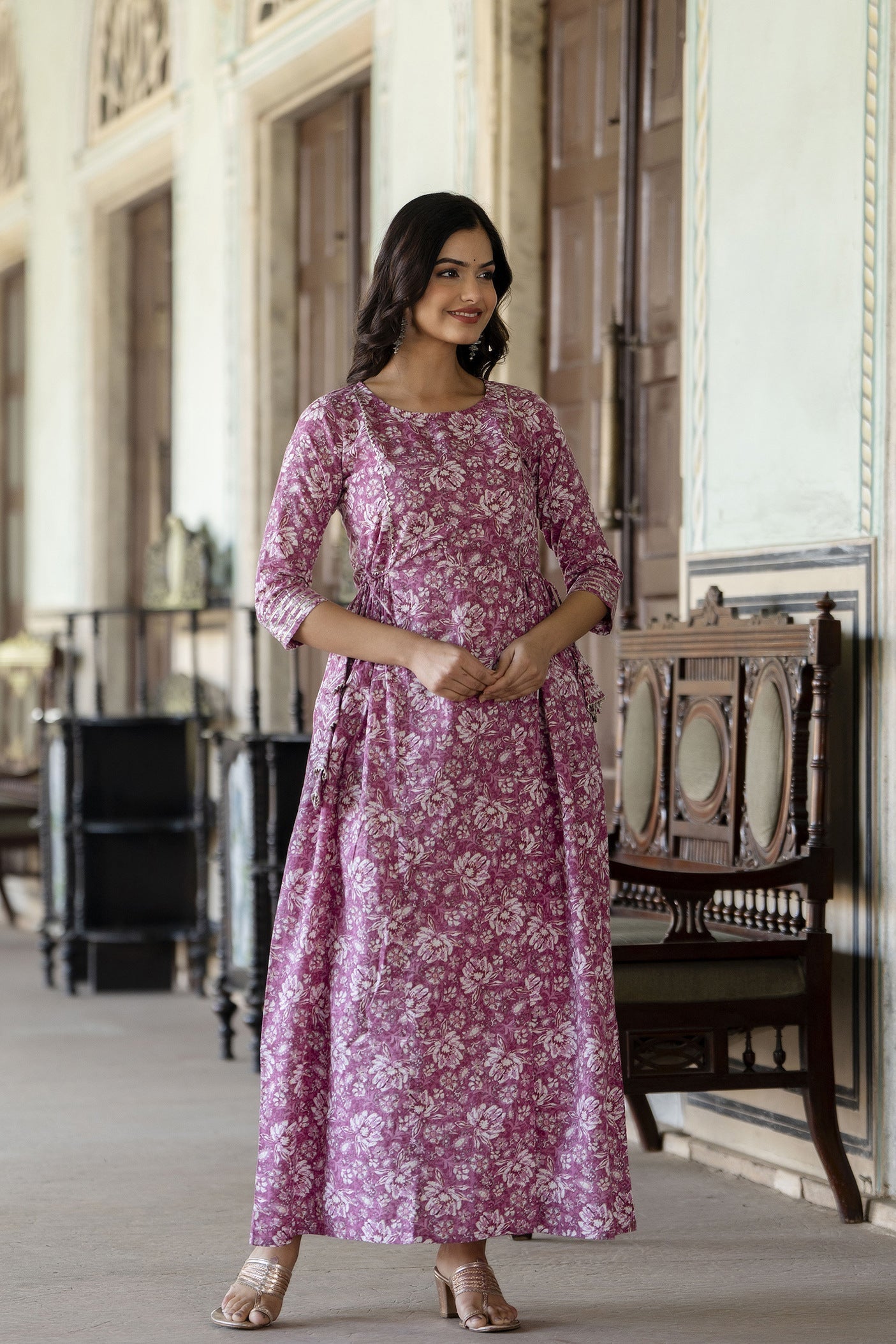 Women's Pink Printed Flared Dress With Three quarter Sleeves - Taantav