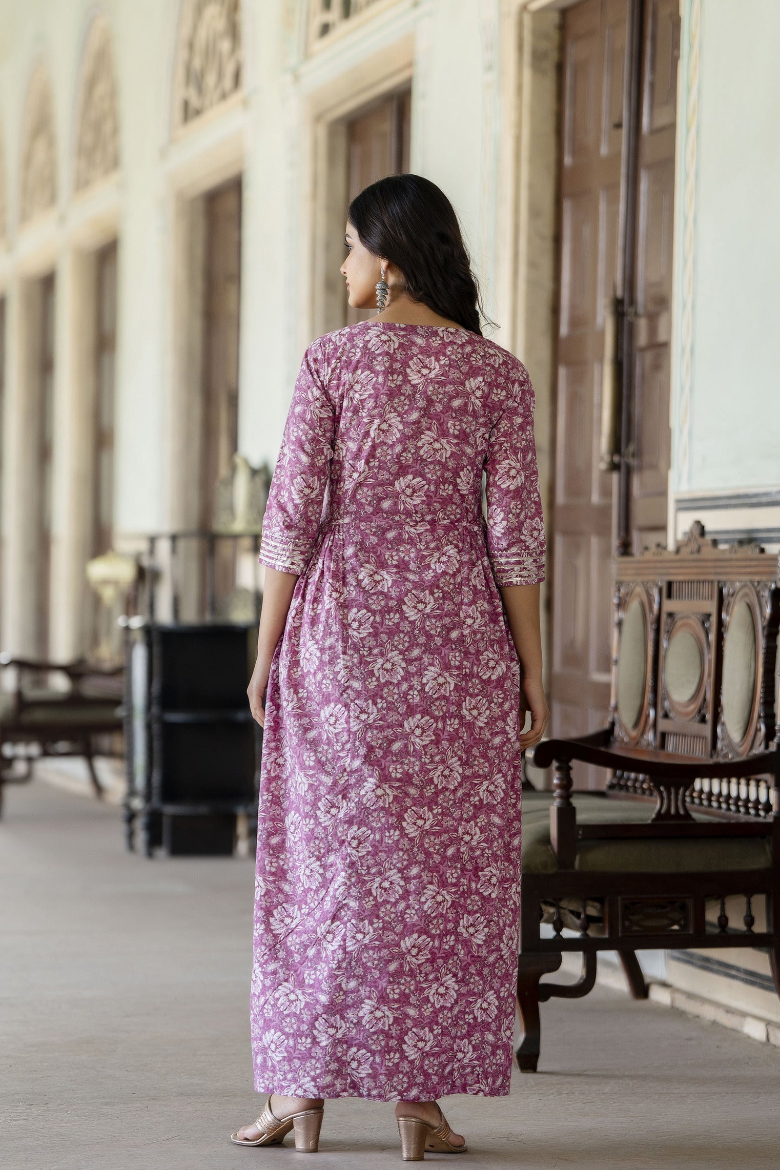 Women's Pink Printed Flared Dress With Three quarter Sleeves - Taantav