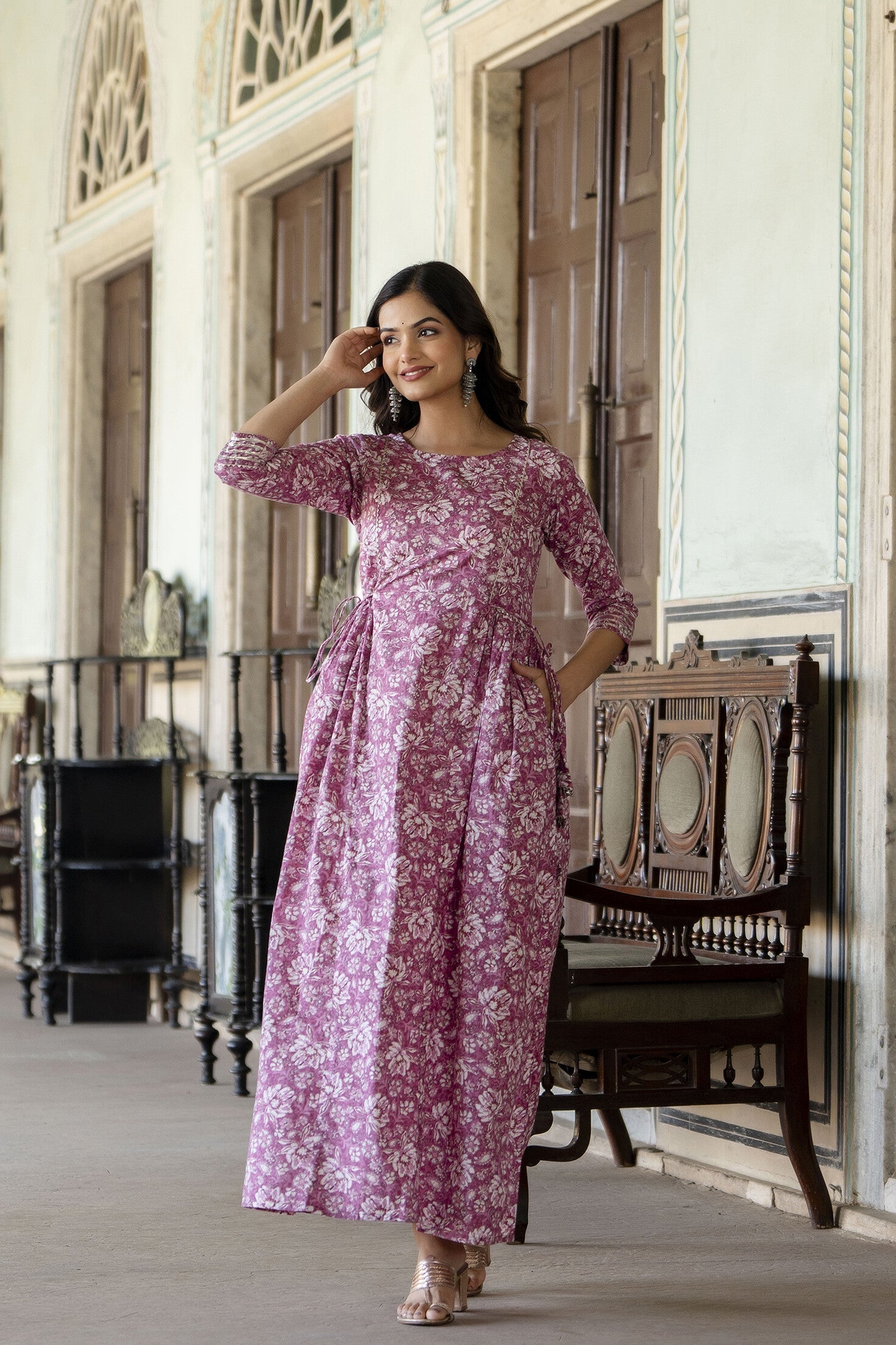 Women's Pink Printed Flared Dress With Three quarter Sleeves - Taantav