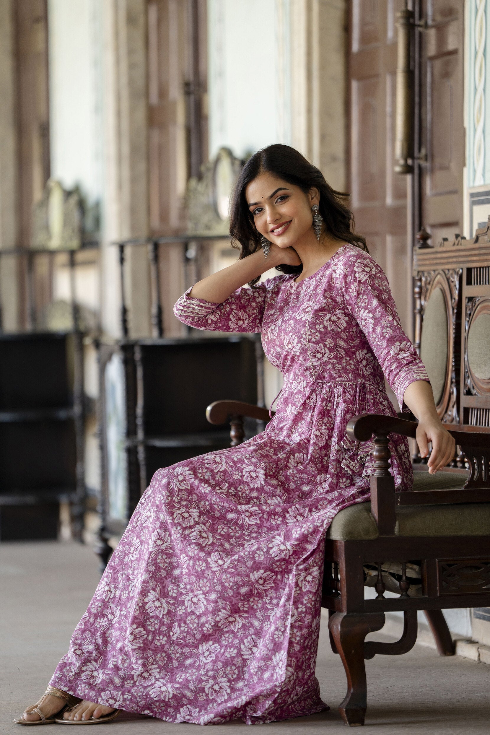 Women's Pink Printed Flared Dress With Three quarter Sleeves - Taantav