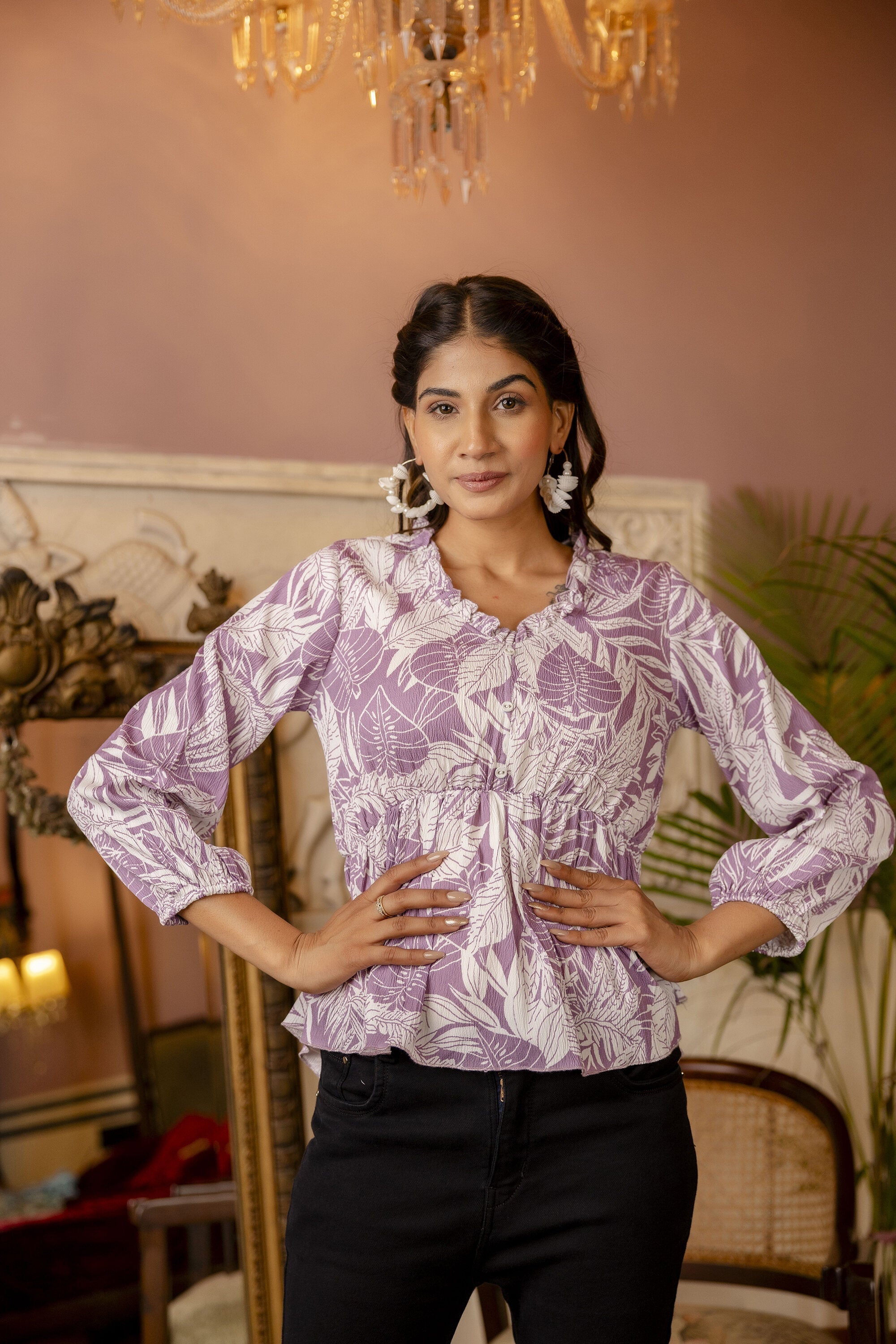 Women's Purple Printed V-Neck Peplum Tunic - Taantav