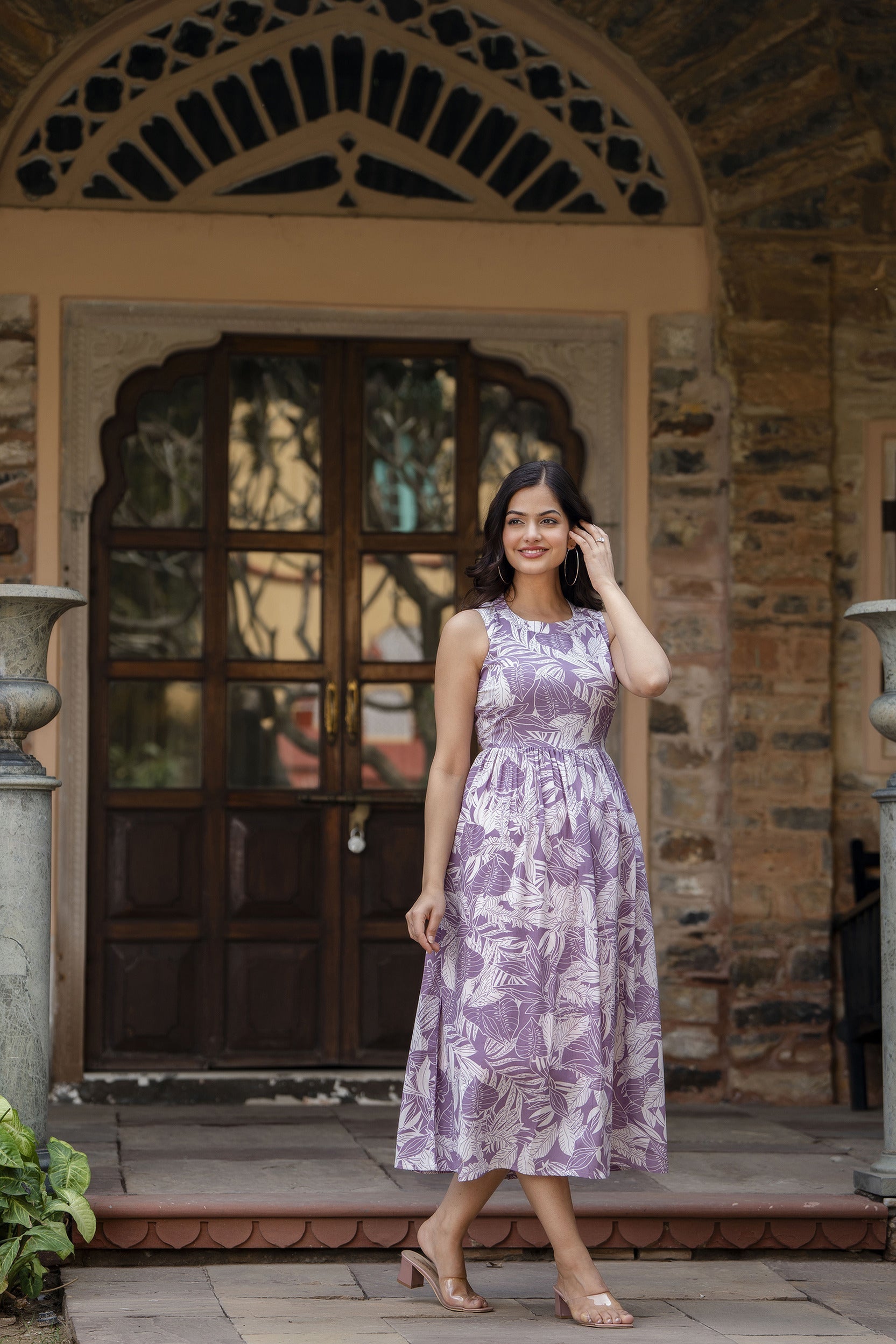 Women's Purple Abstract Printed Sleeveless Midi Dress - Taantav