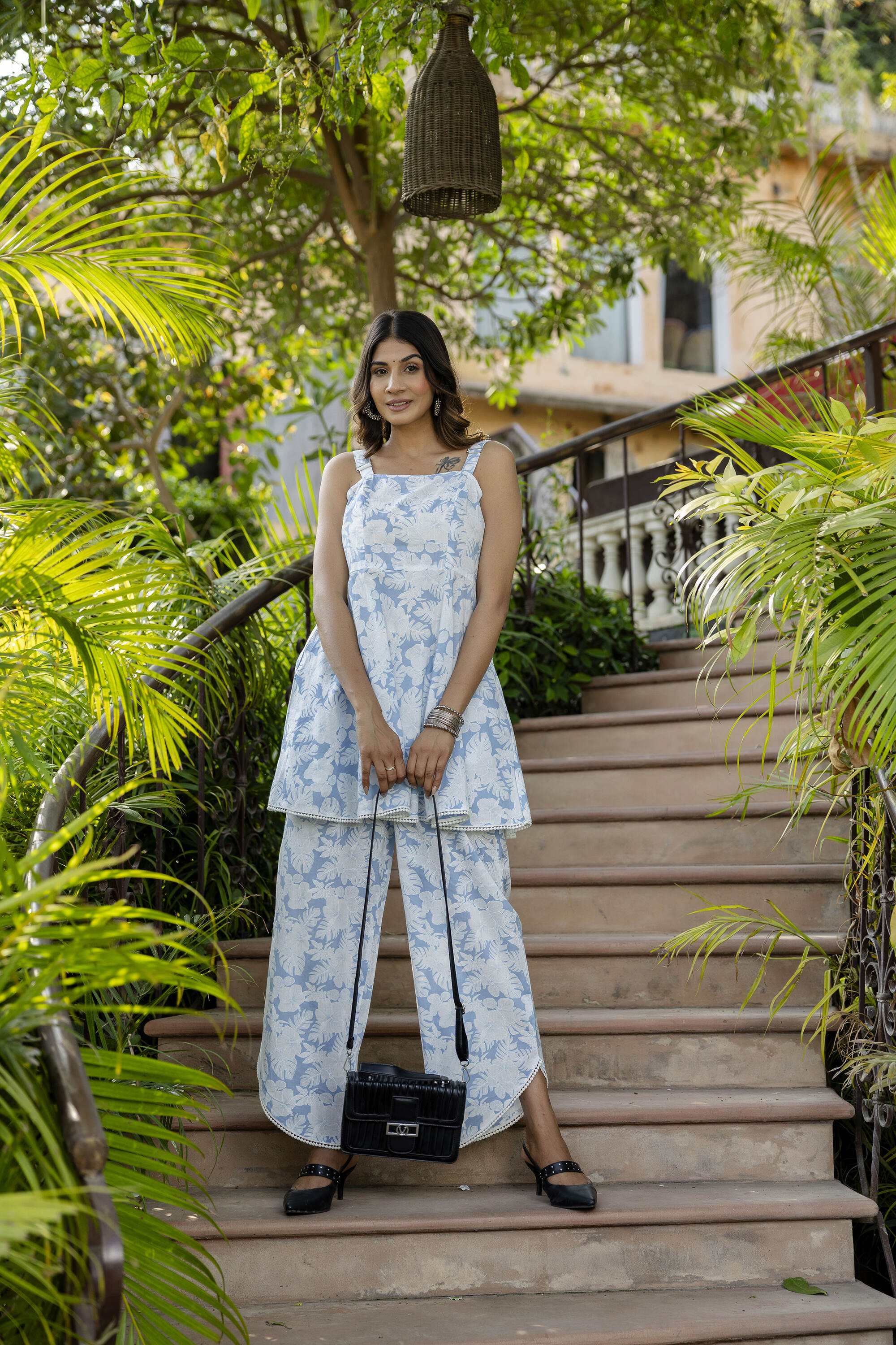 Women's Blue Abstract Printed Peplum Top With Pant - Taantav