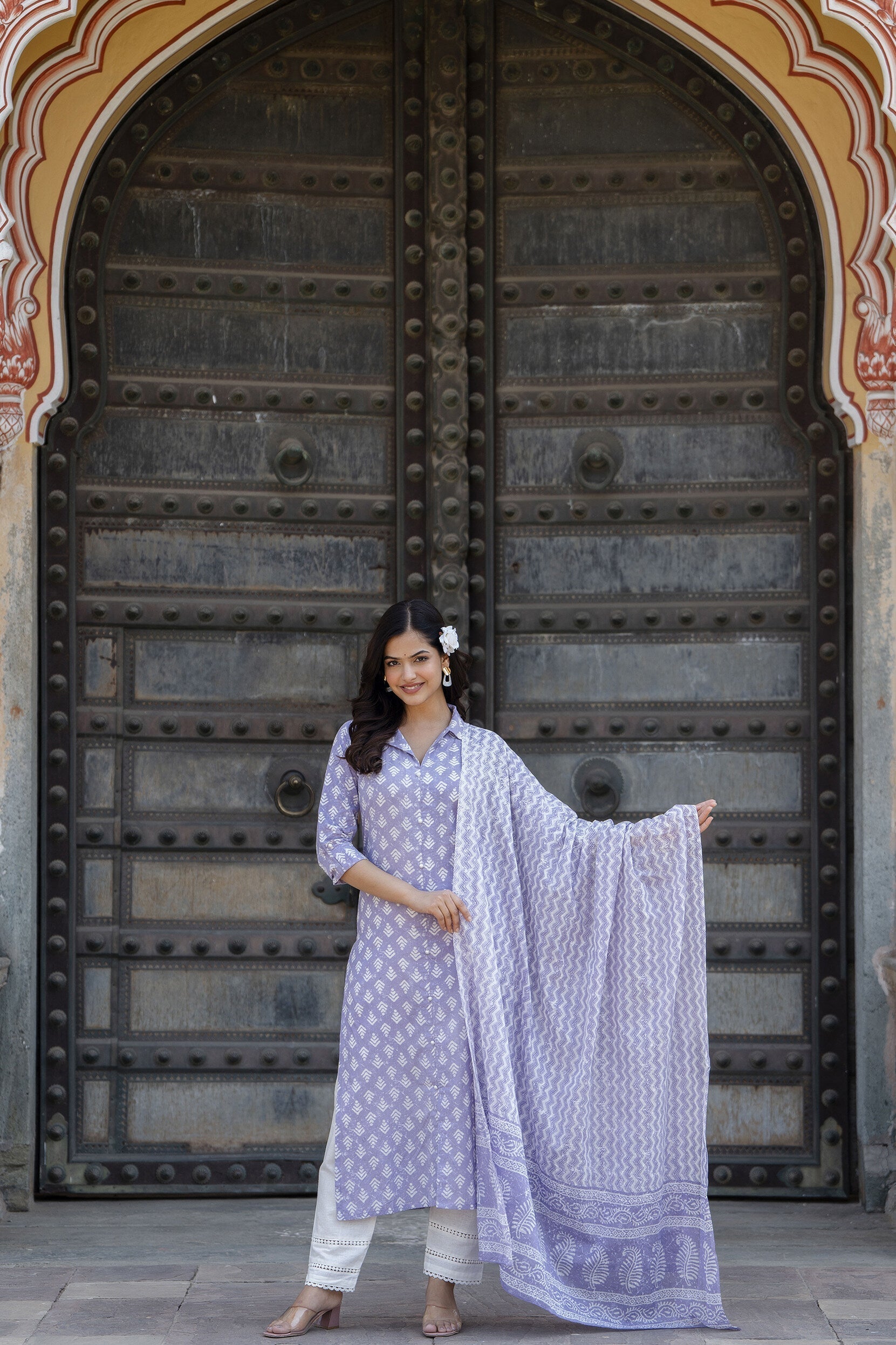 Women's Purple Printed Straight Kurta And Trouser With Dupatta - Taantav