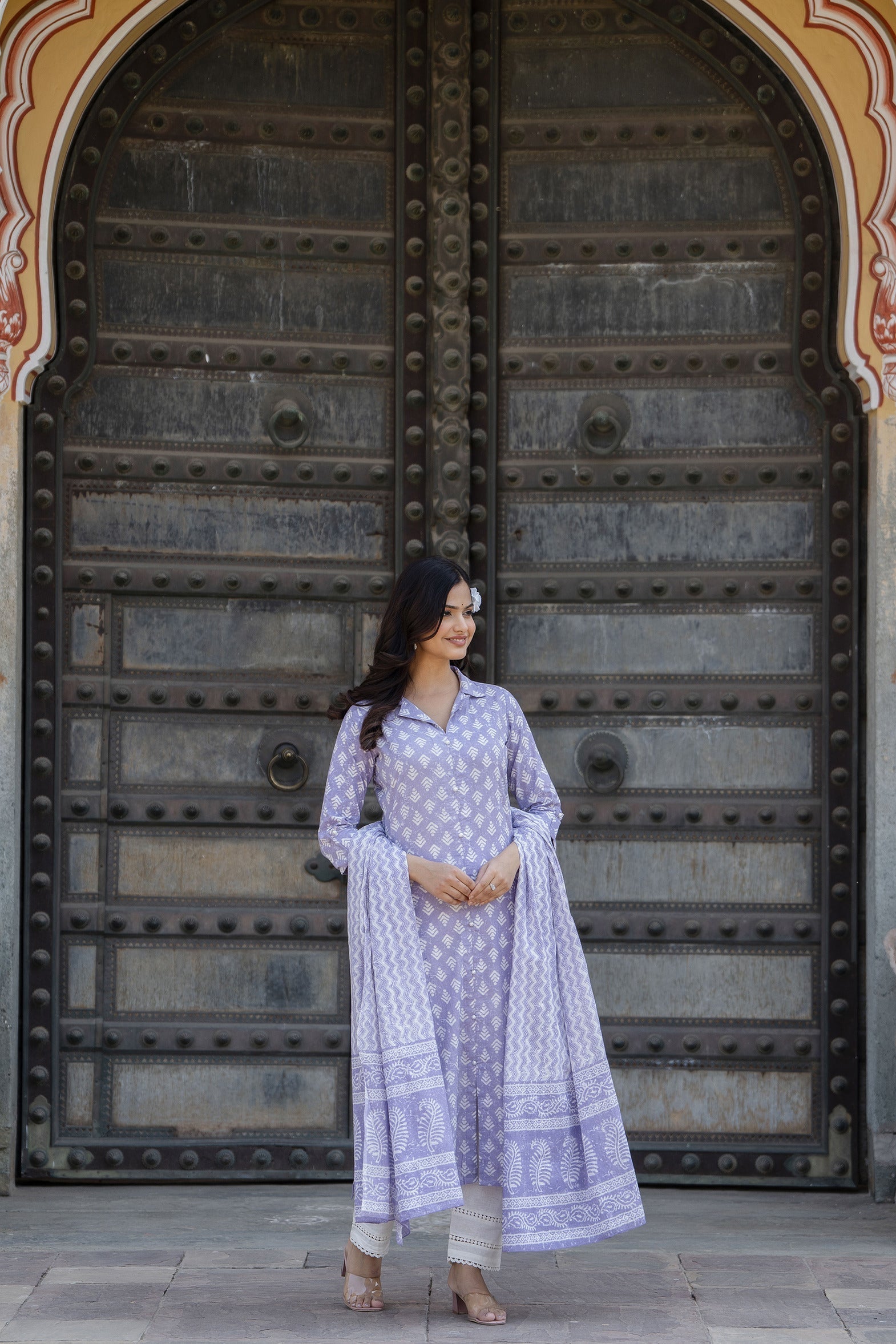 Women's Purple Printed Straight Kurta And Trouser With Dupatta - Taantav