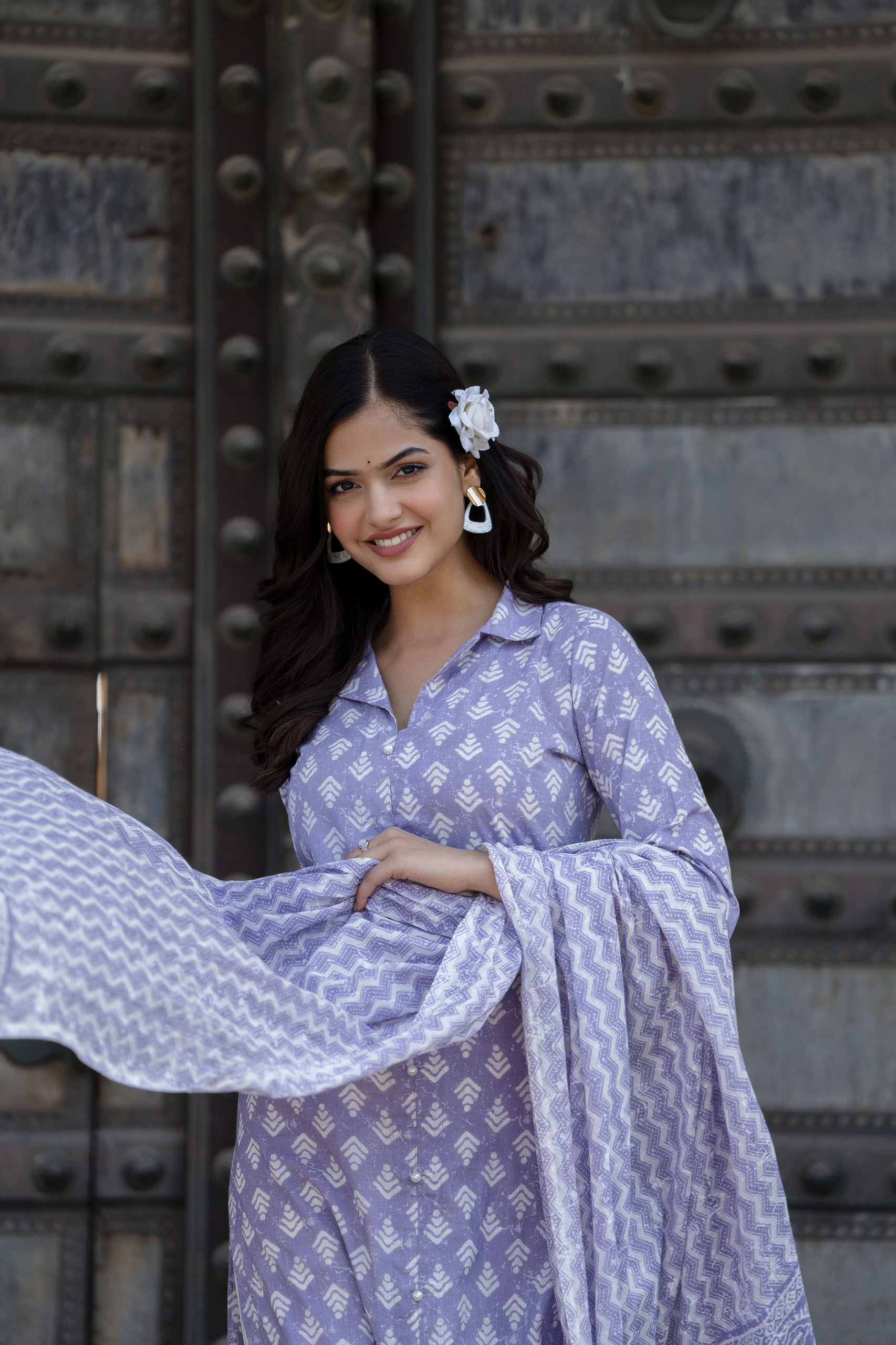 Women's Purple Printed Straight Kurta And Trouser With Dupatta - Taantav