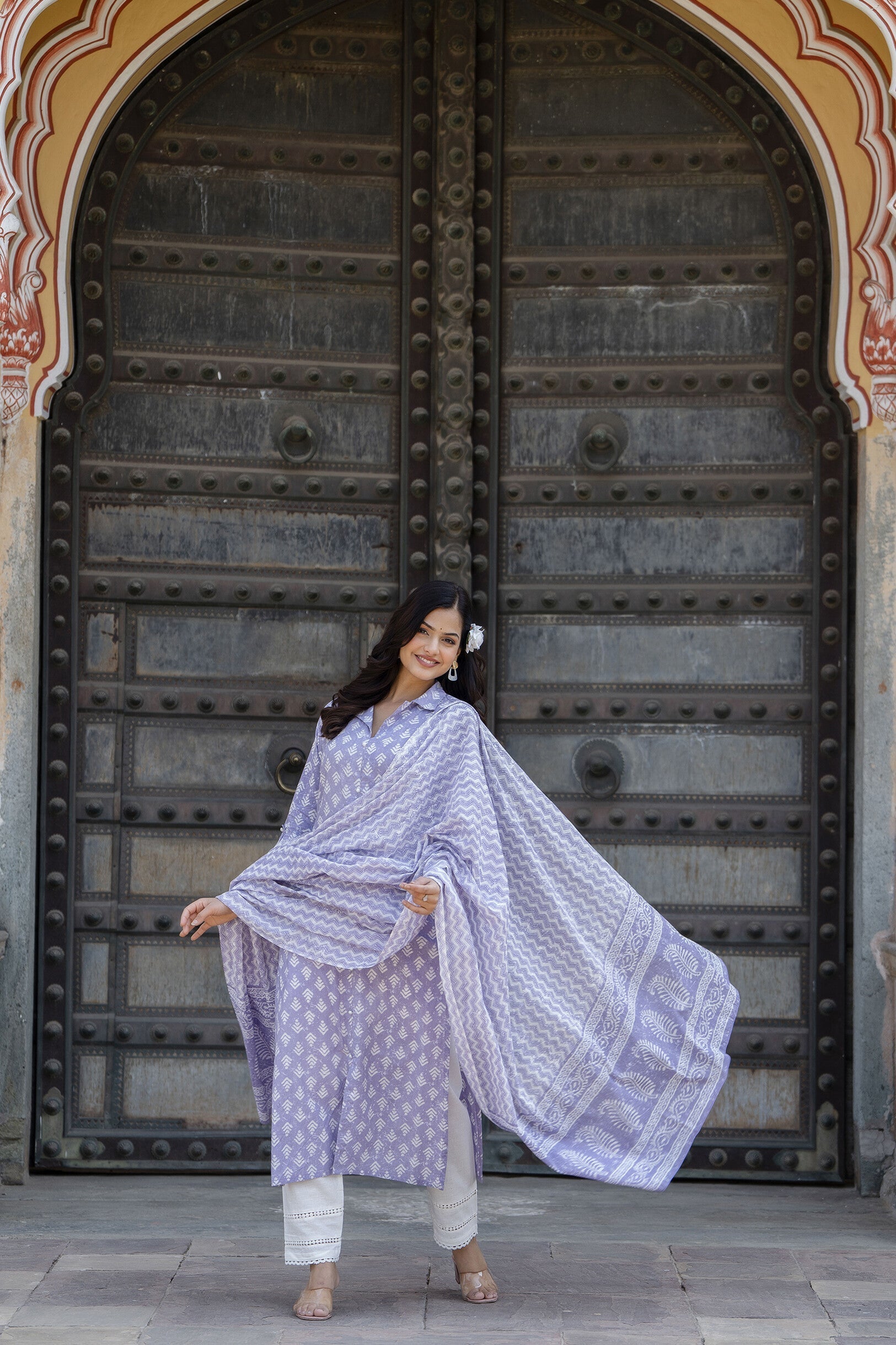 Women's Purple Printed Straight Kurta And Trouser With Dupatta - Taantav