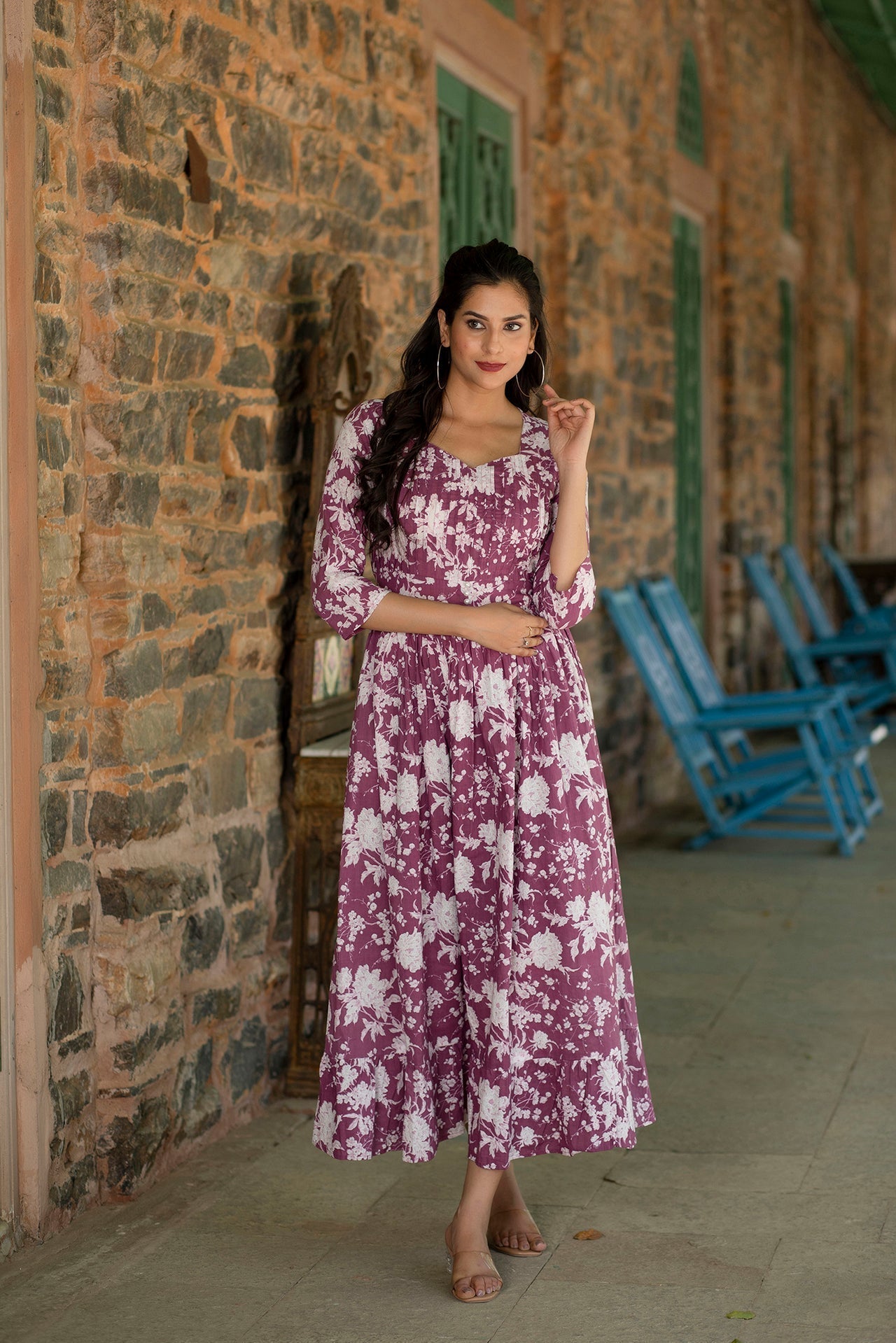 Women's Mauve Ethnic Printed Flared Dress - Taantav