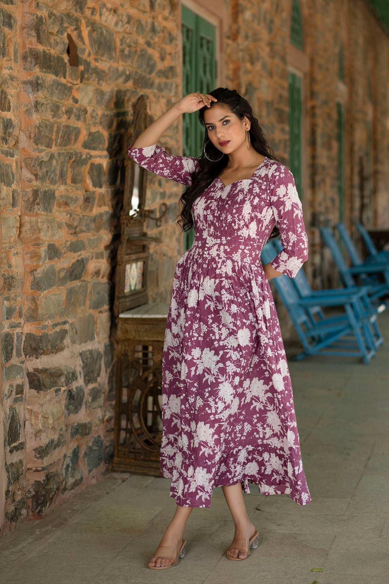 Women's Mauve Ethnic Printed Flared Dress - Taantav