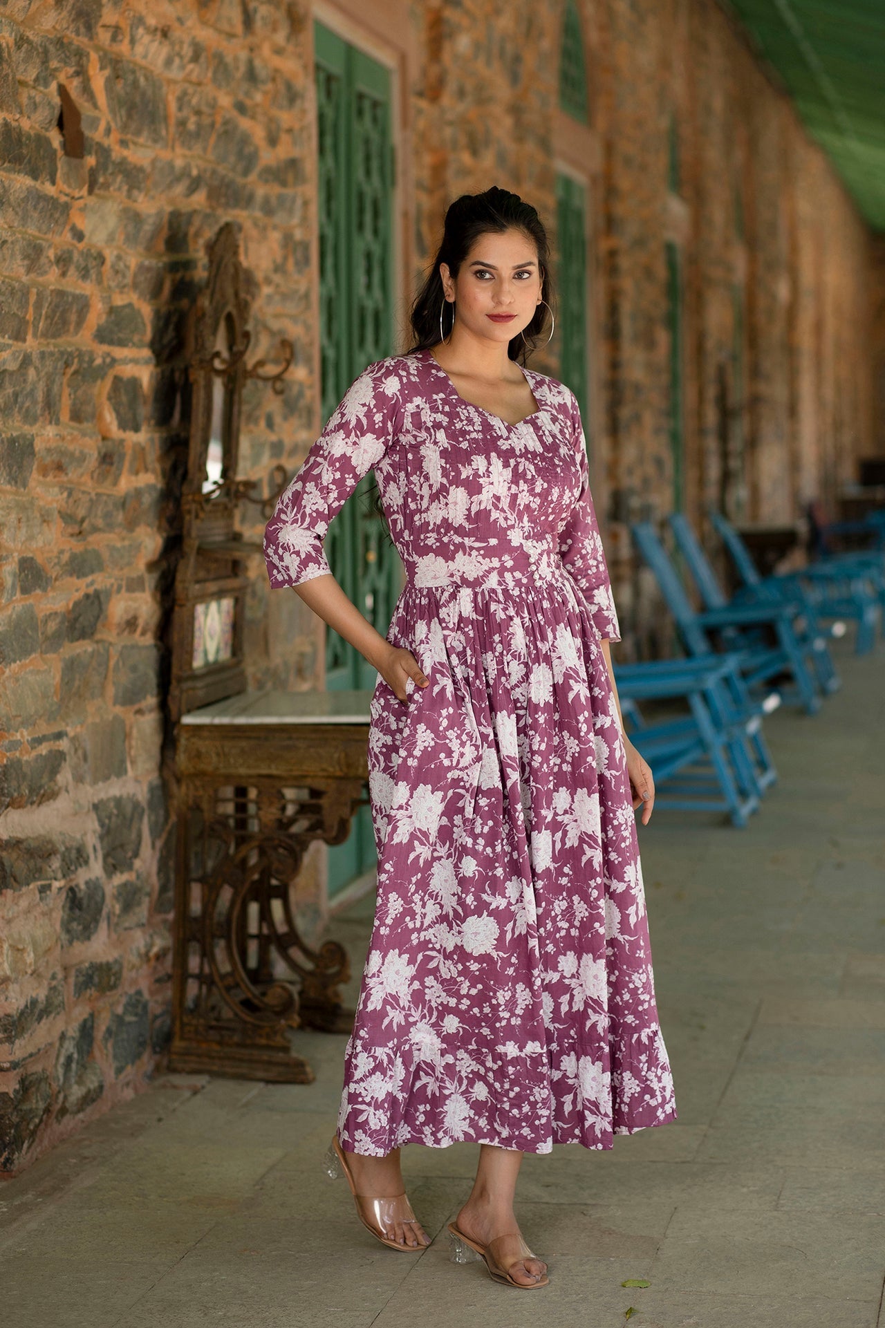 Women's Mauve Ethnic Printed Flared Dress - Taantav