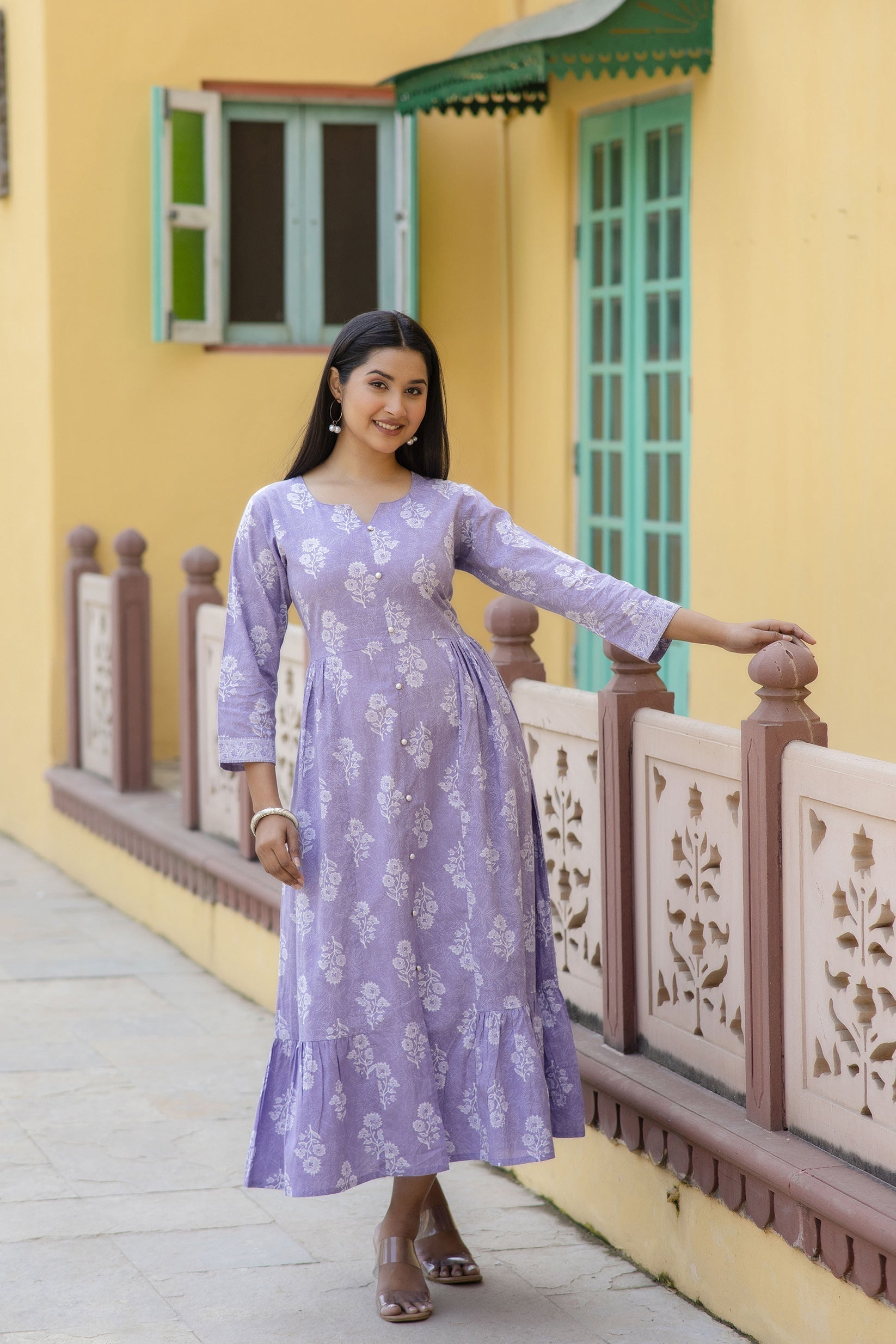 Women's Purple Ethnic Printed Flared Dress - Taantav