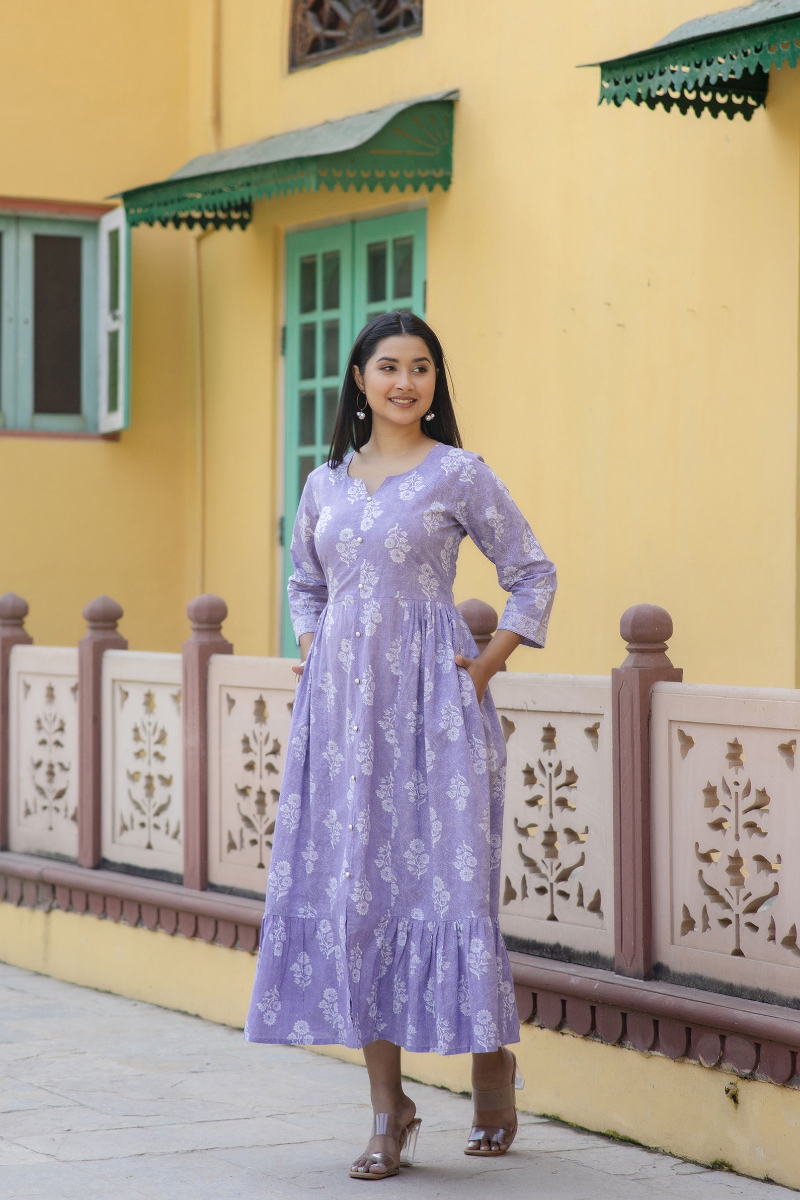 Women's Purple Ethnic Printed Flared Dress - Taantav