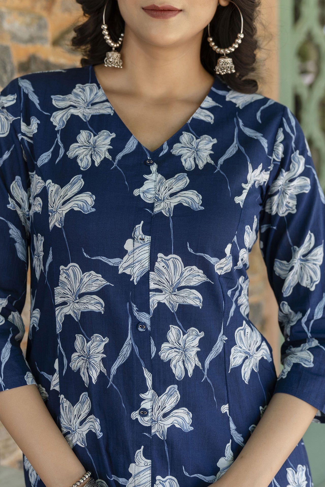 Women's Blue Ethnic Printed A-Line Kurta with Three Quarter Sleeves - Taantav