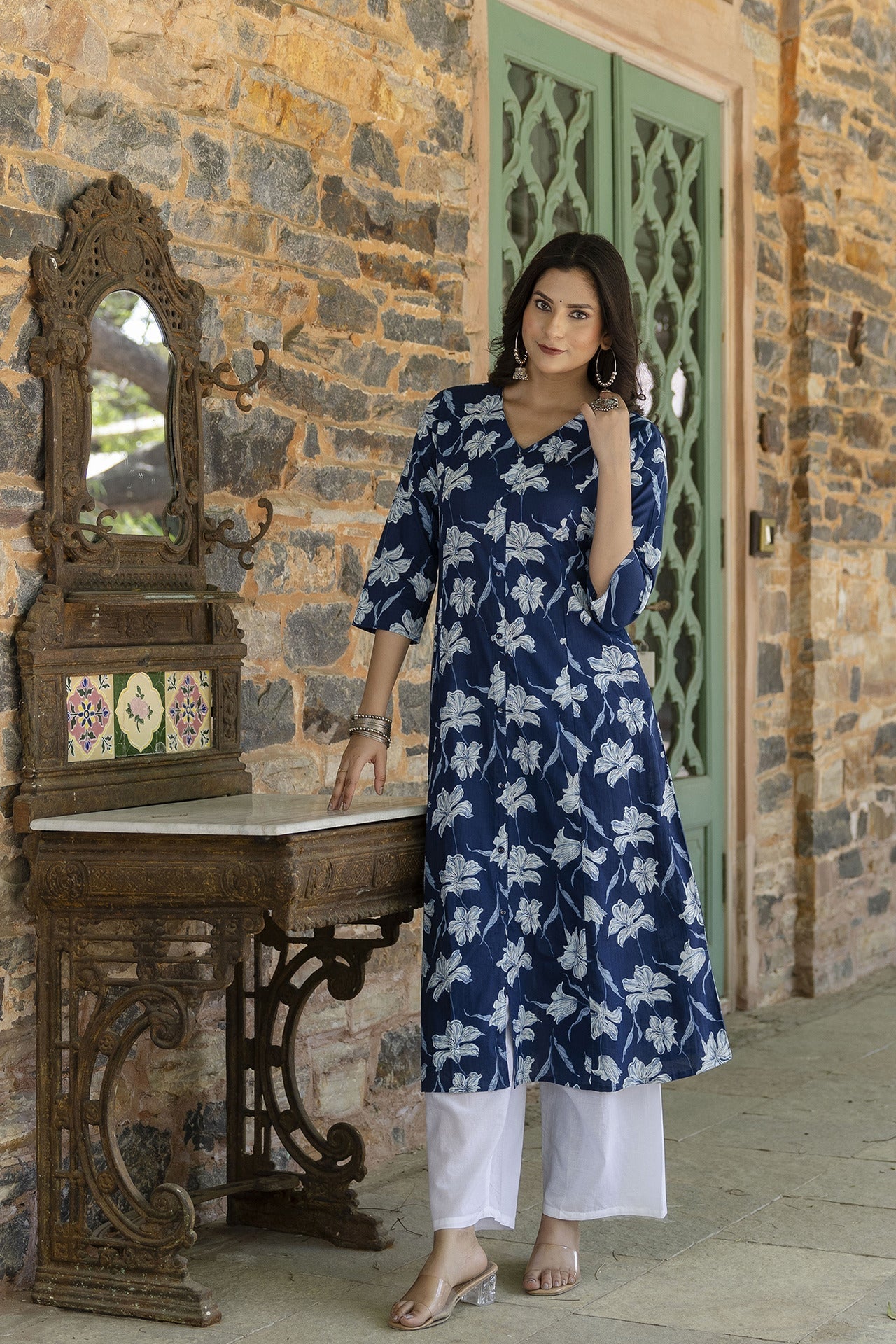 Women's Blue Ethnic Printed A-Line Kurta with Three Quarter Sleeves - Taantav