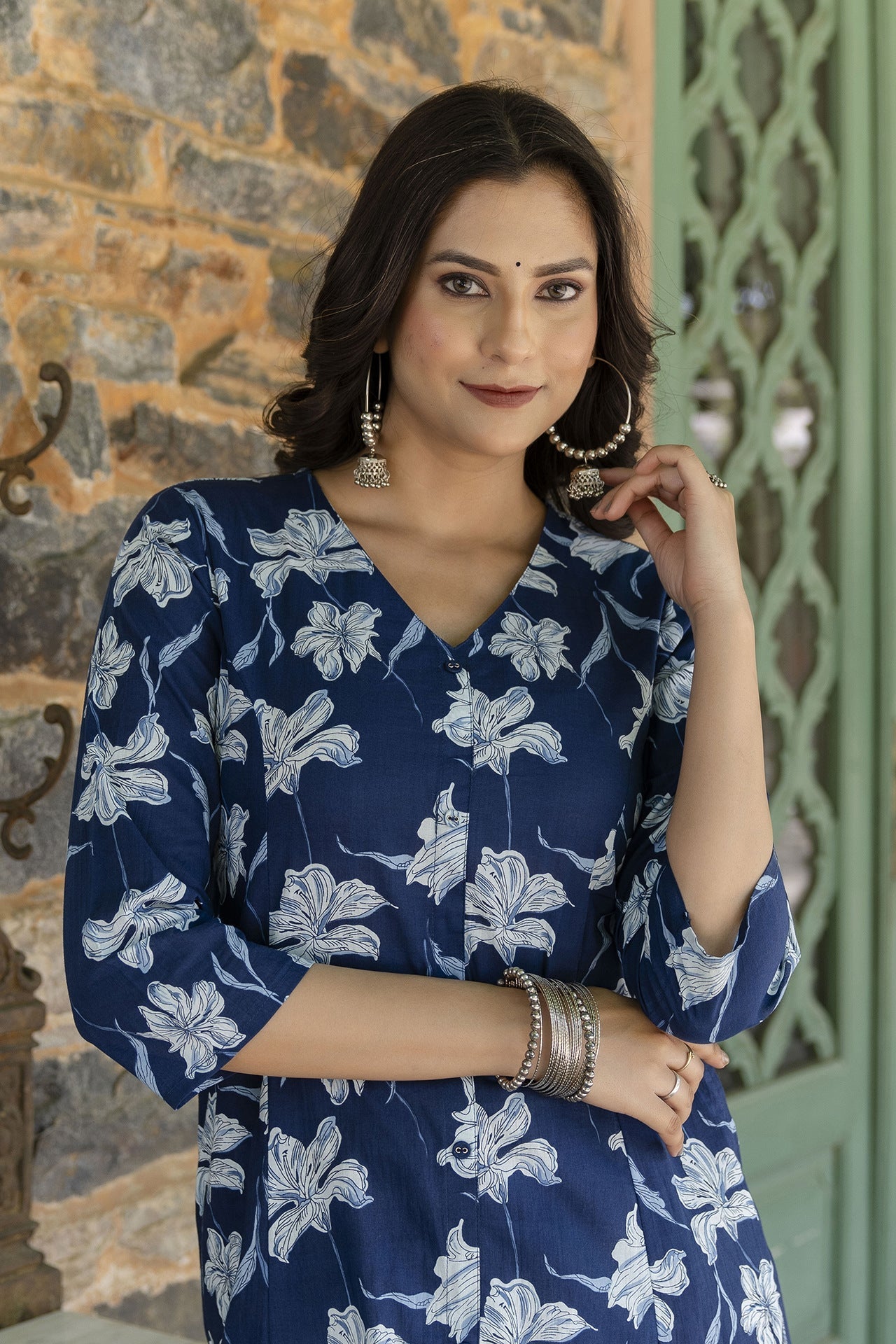 Women's Blue Ethnic Printed A-Line Kurta with Three Quarter Sleeves - Taantav