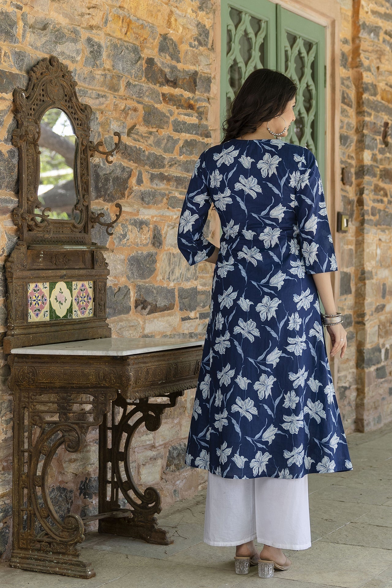 Women's Blue Ethnic Printed A-Line Kurta with Three Quarter Sleeves - Taantav