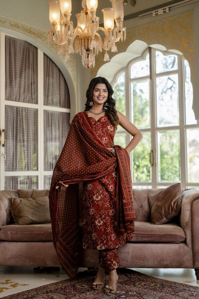 Women's Rust Floral Printed Straight Kurta With Trouser And Dupatta