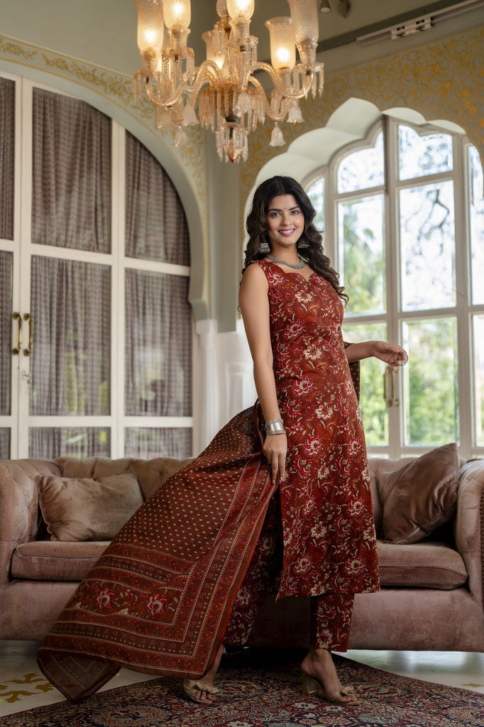 Women's Rust Floral Printed Straight Kurta With Trouser And Dupatta