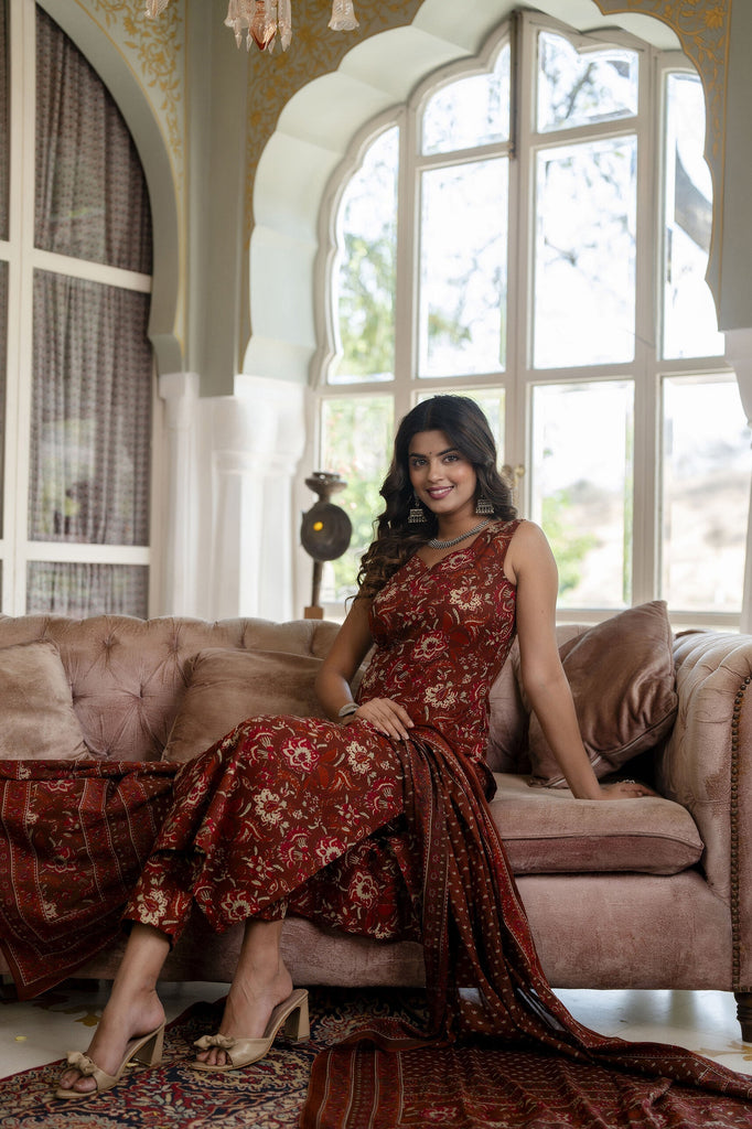 Women's Rust Floral Printed Straight Kurta With Trouser And Dupatta