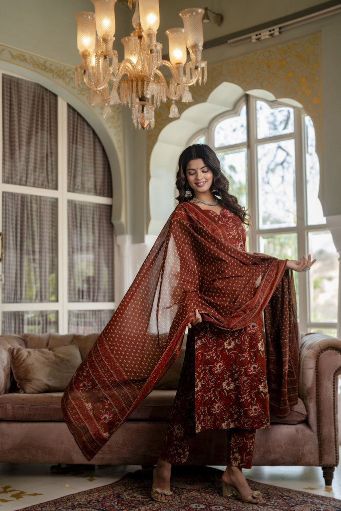 Women's Rust Floral Printed Straight Kurta With Trouser And Dupatta