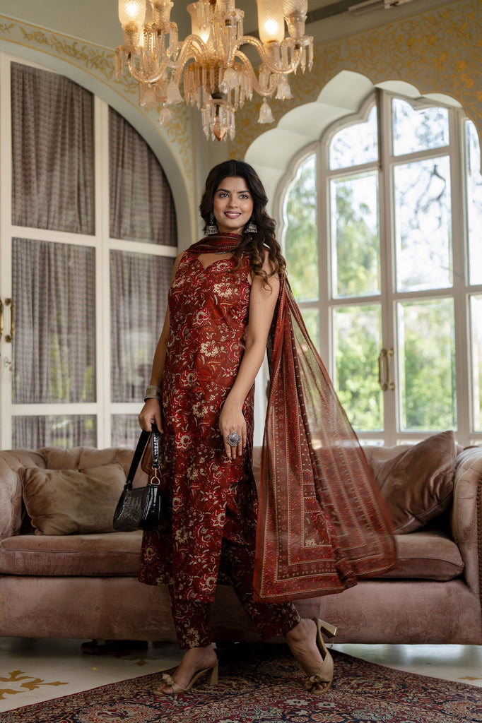 Women's Rust Floral Printed Straight Kurta With Trouser And Dupatta