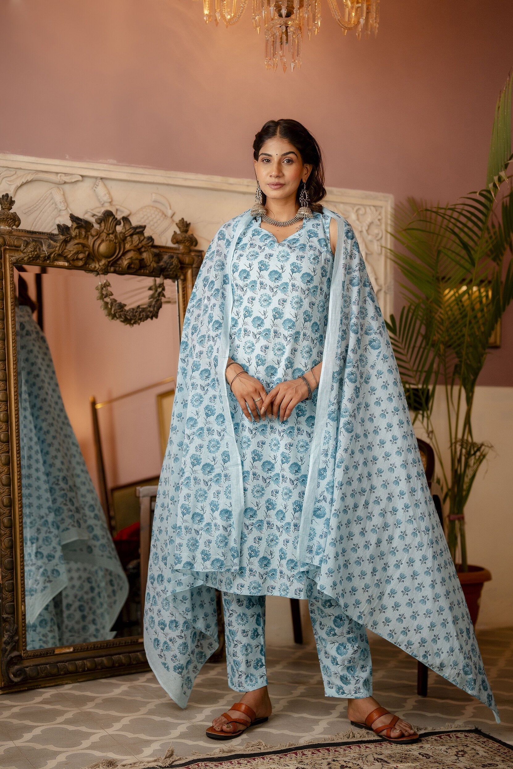 Women's Aqua Blue Printed Straight Kurta With Trouser And Dupatta - Taantav