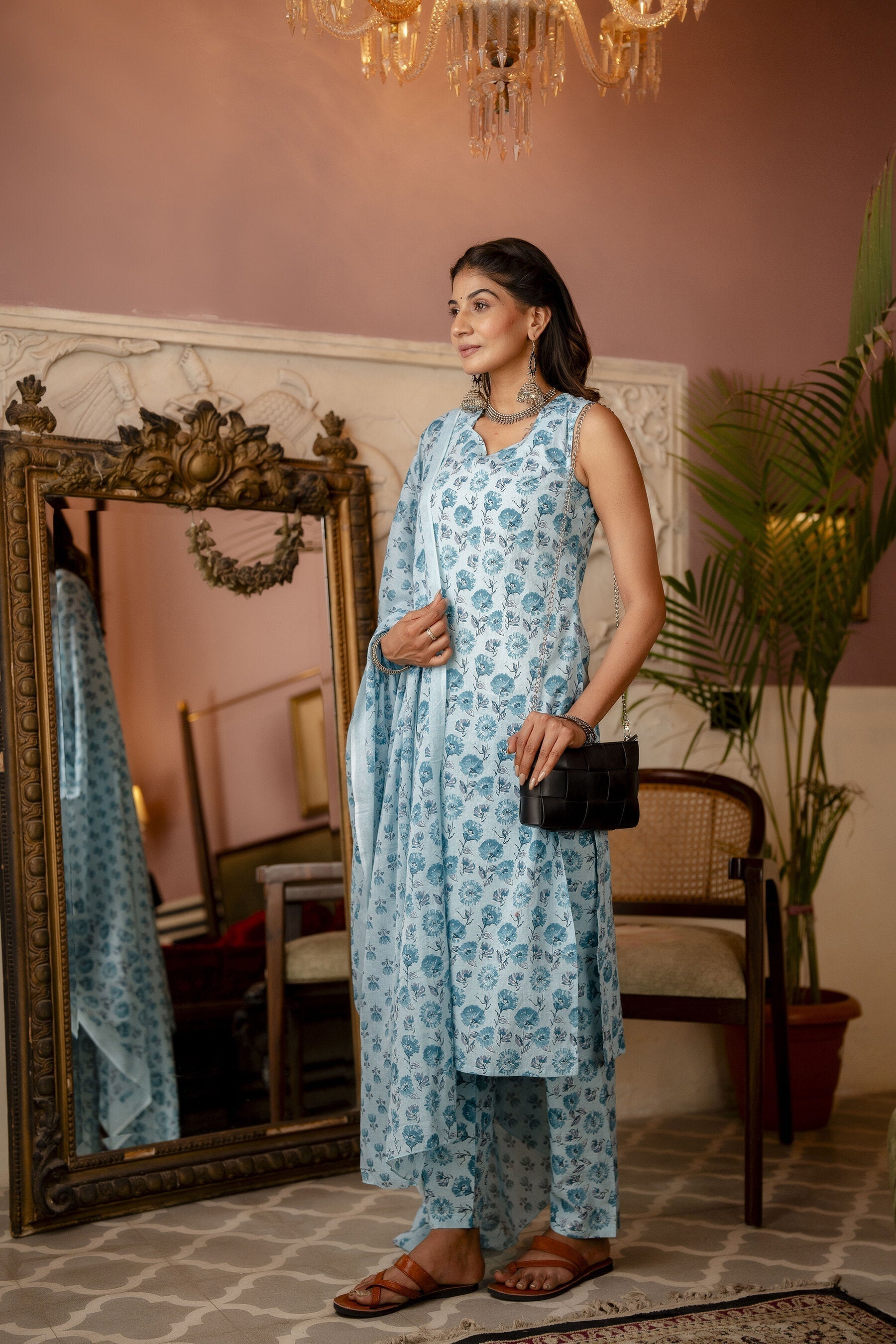 Women's Aqua Blue Printed Straight Kurta With Trouser And Dupatta - Taantav