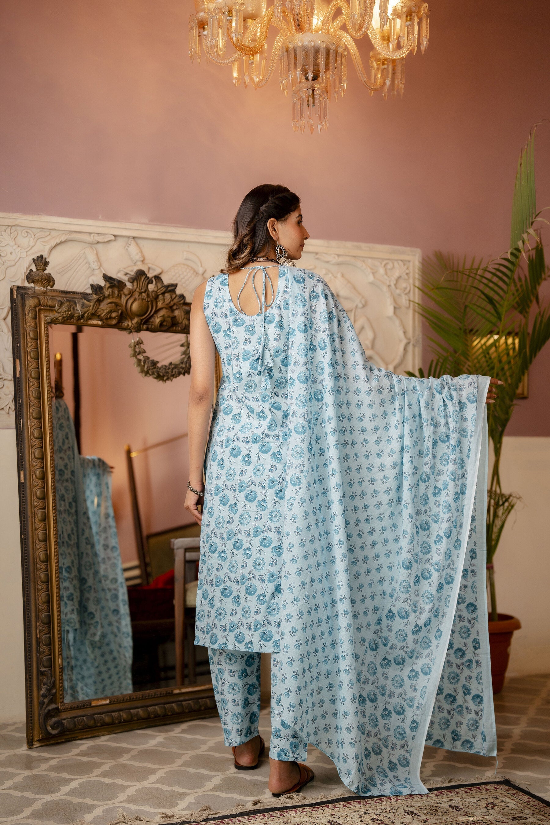 Women's Aqua Blue Printed Straight Kurta With Trouser And Dupatta - Taantav