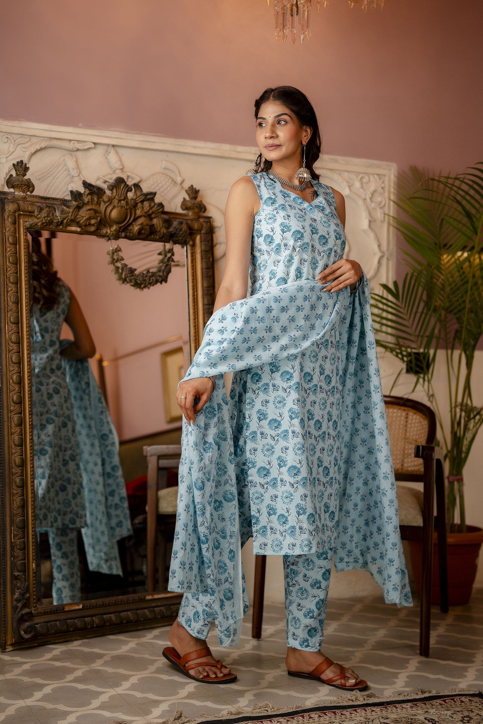 Women's Aqua Blue Printed Straight Kurta With Trouser And Dupatta - Taantav