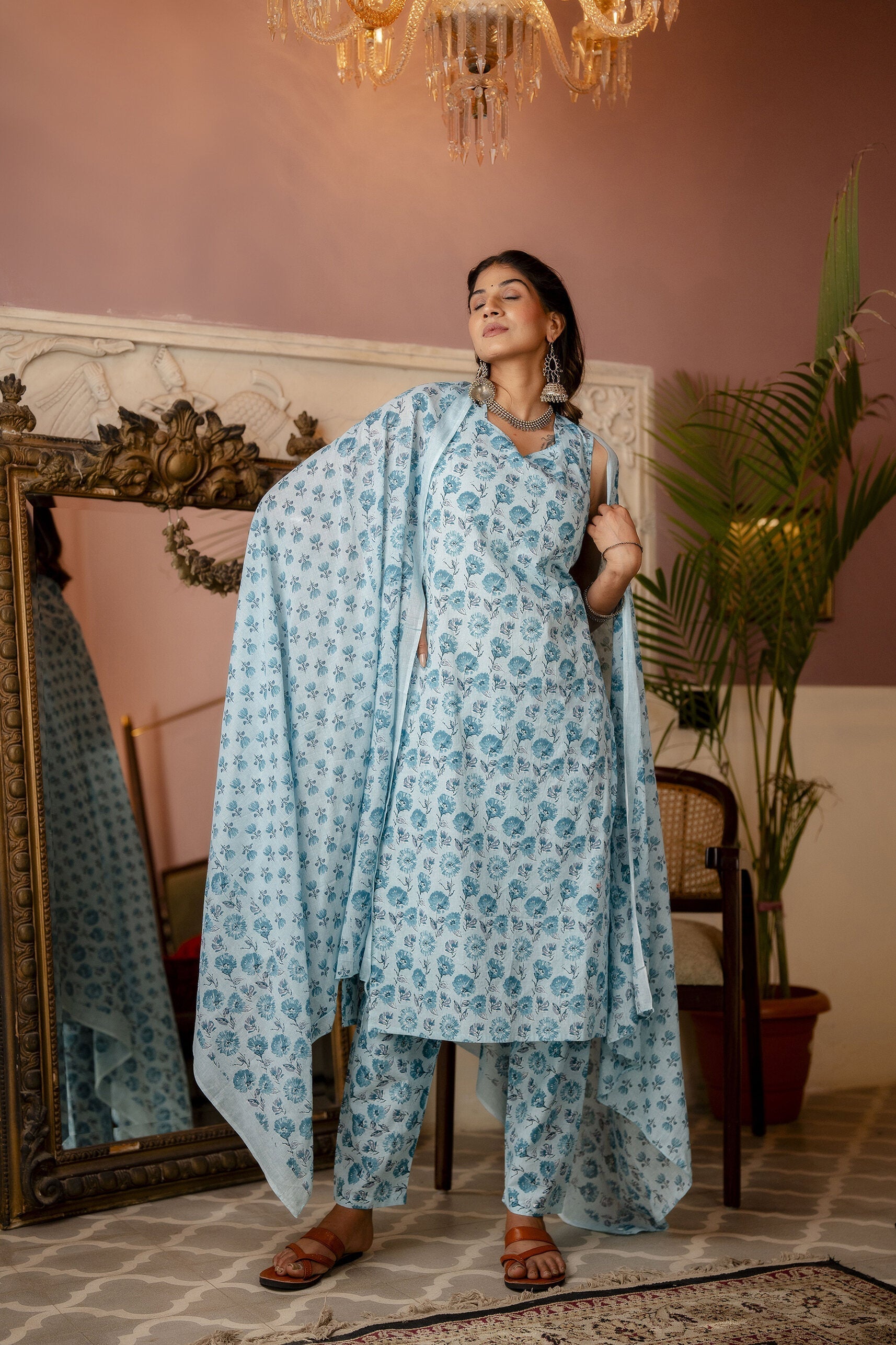 Women's Aqua Blue Printed Straight Kurta With Trouser And Dupatta - Taantav