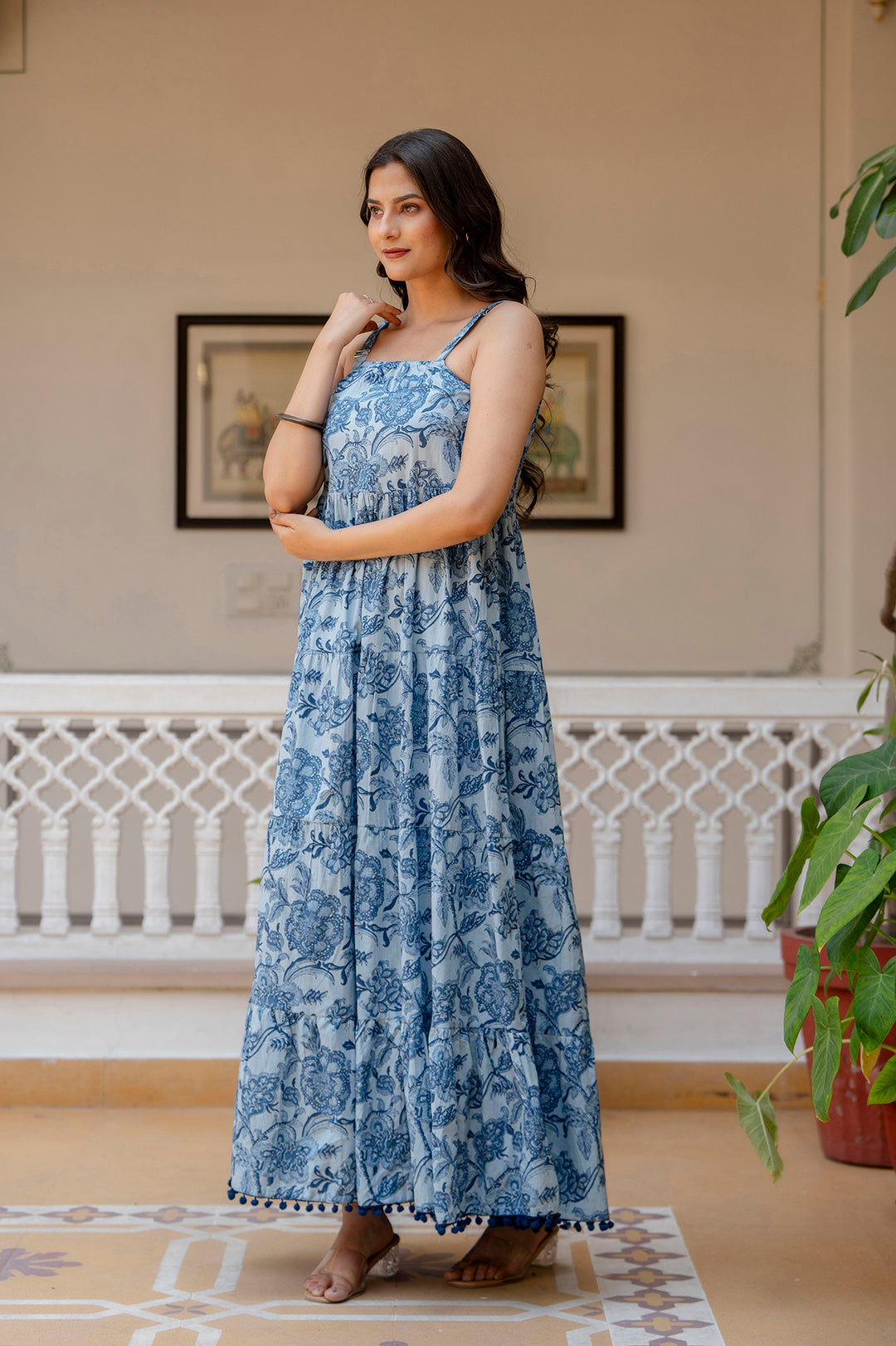 Women's Blue Ethnic Printed Flared Dress - Taantav