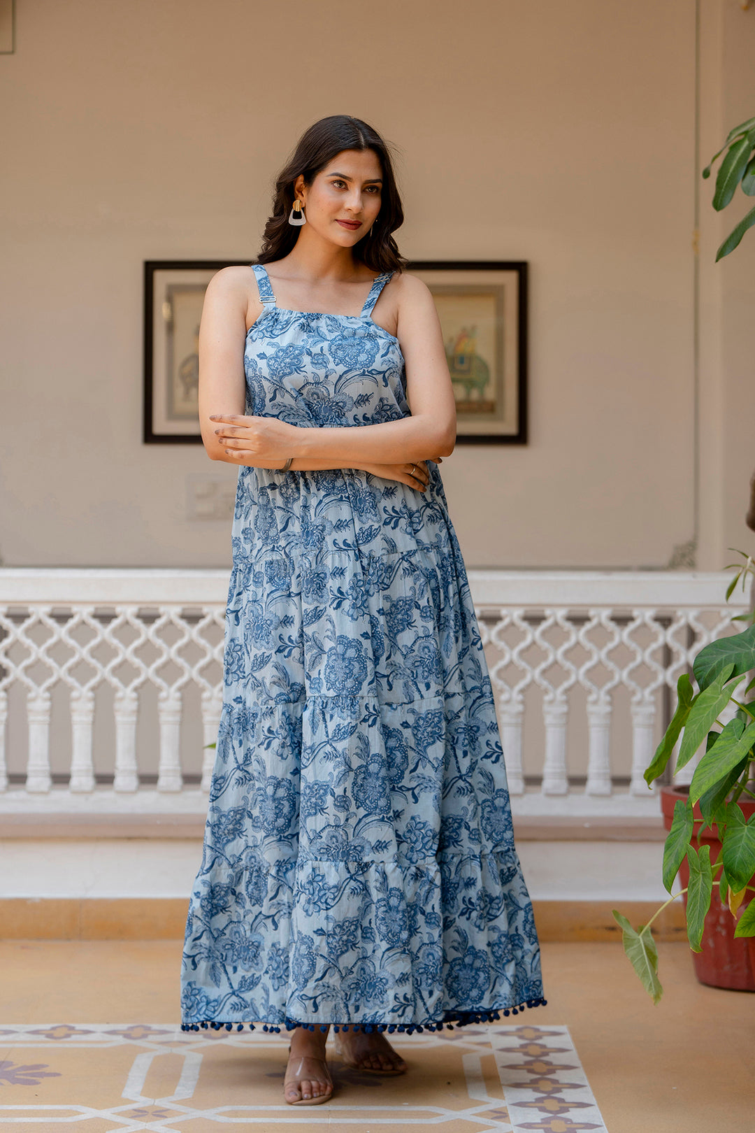 Women's Blue Ethnic Printed Flared Dress - Taantav