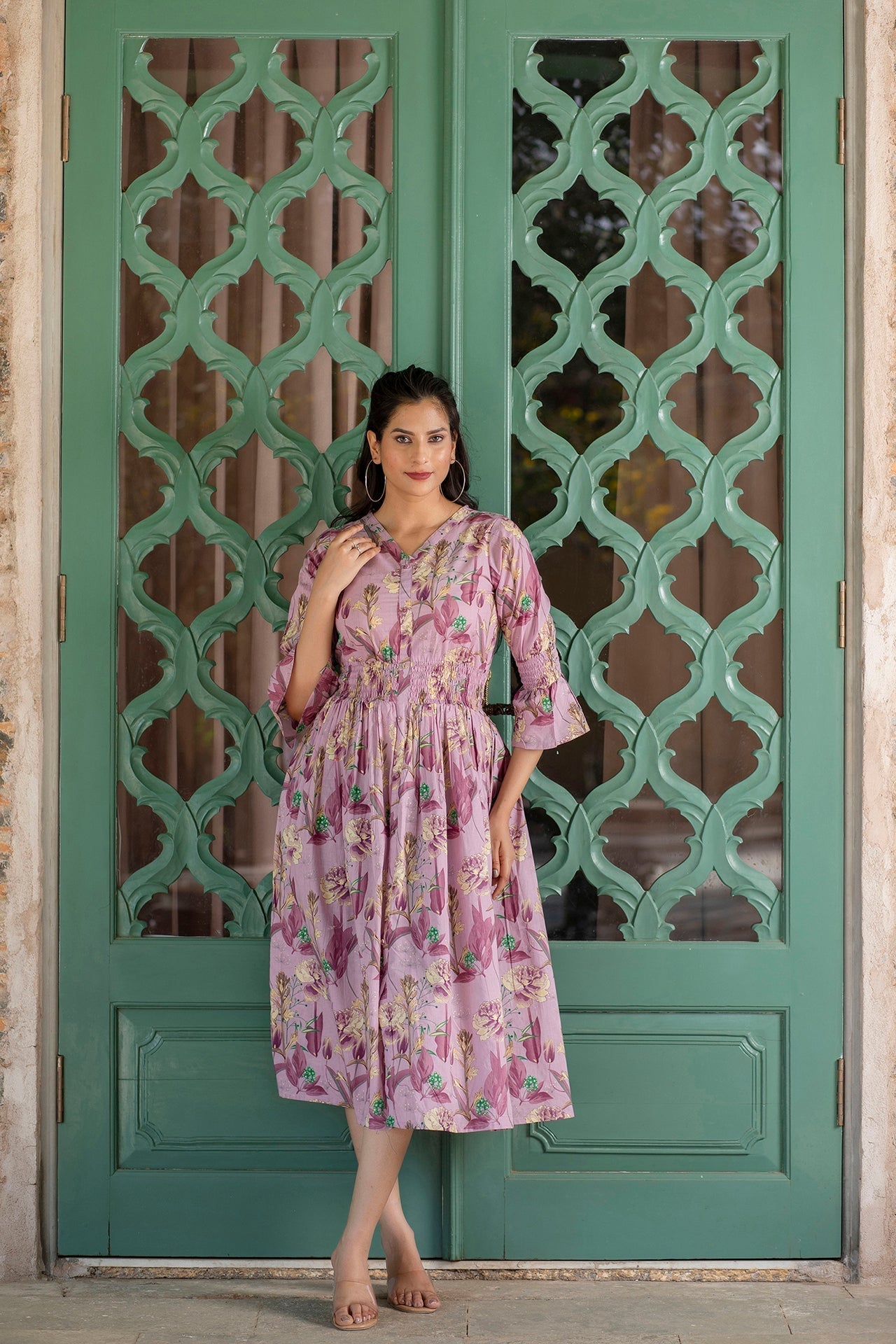 Women's Mauve Ethnic Printed Flared Dress - Taantav