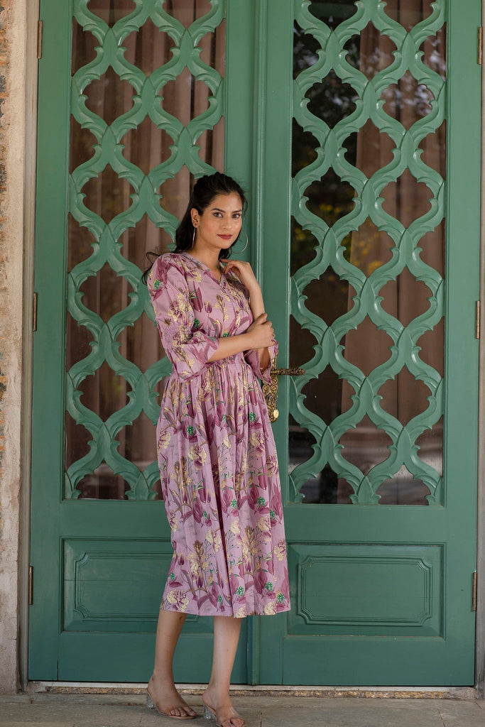 Women's Mauve Ethnic Printed Flared Dress
