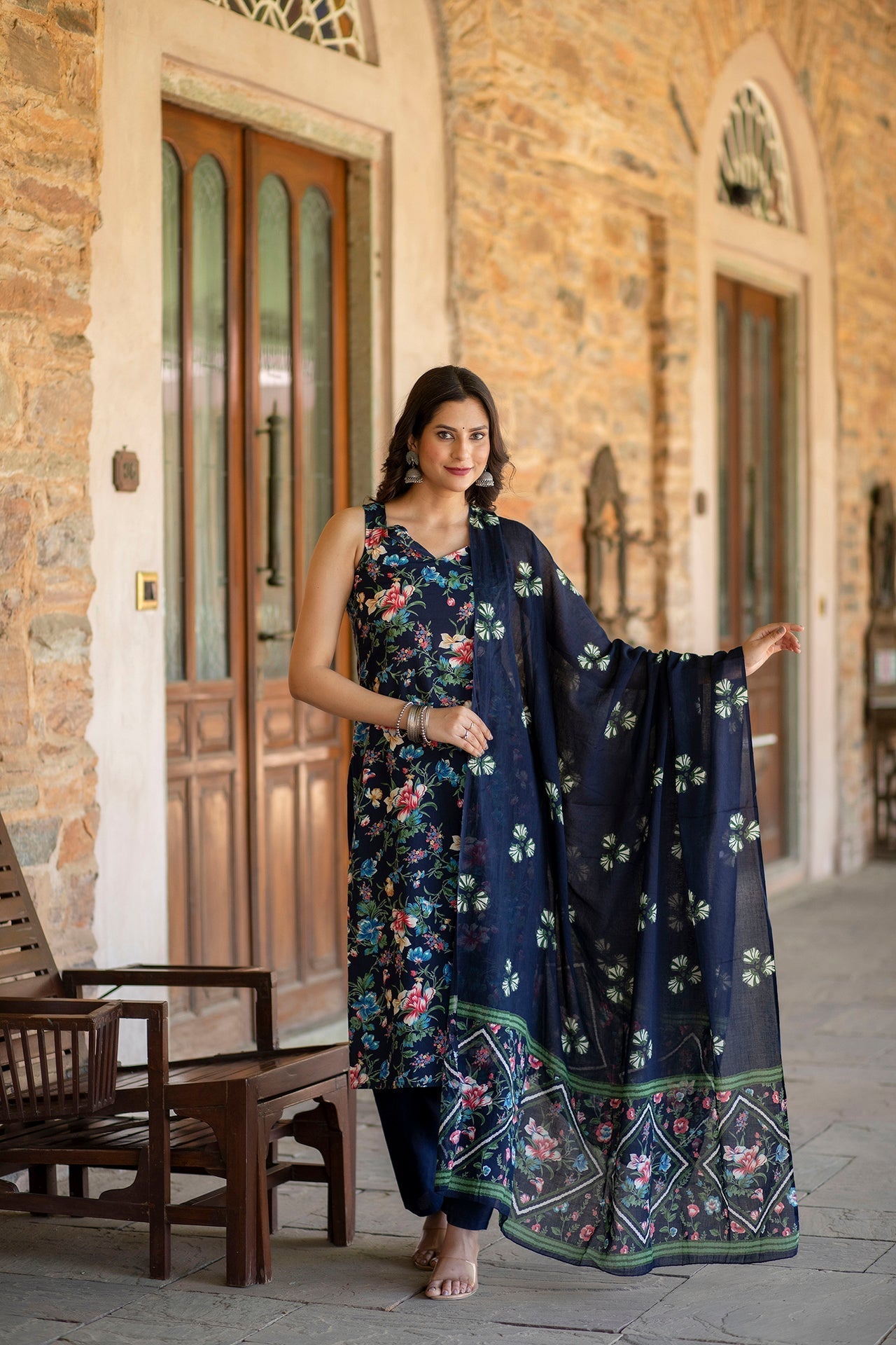 Women's Navy Blue Printed Straight Kurta With Trouser And Dupatta - Taantav