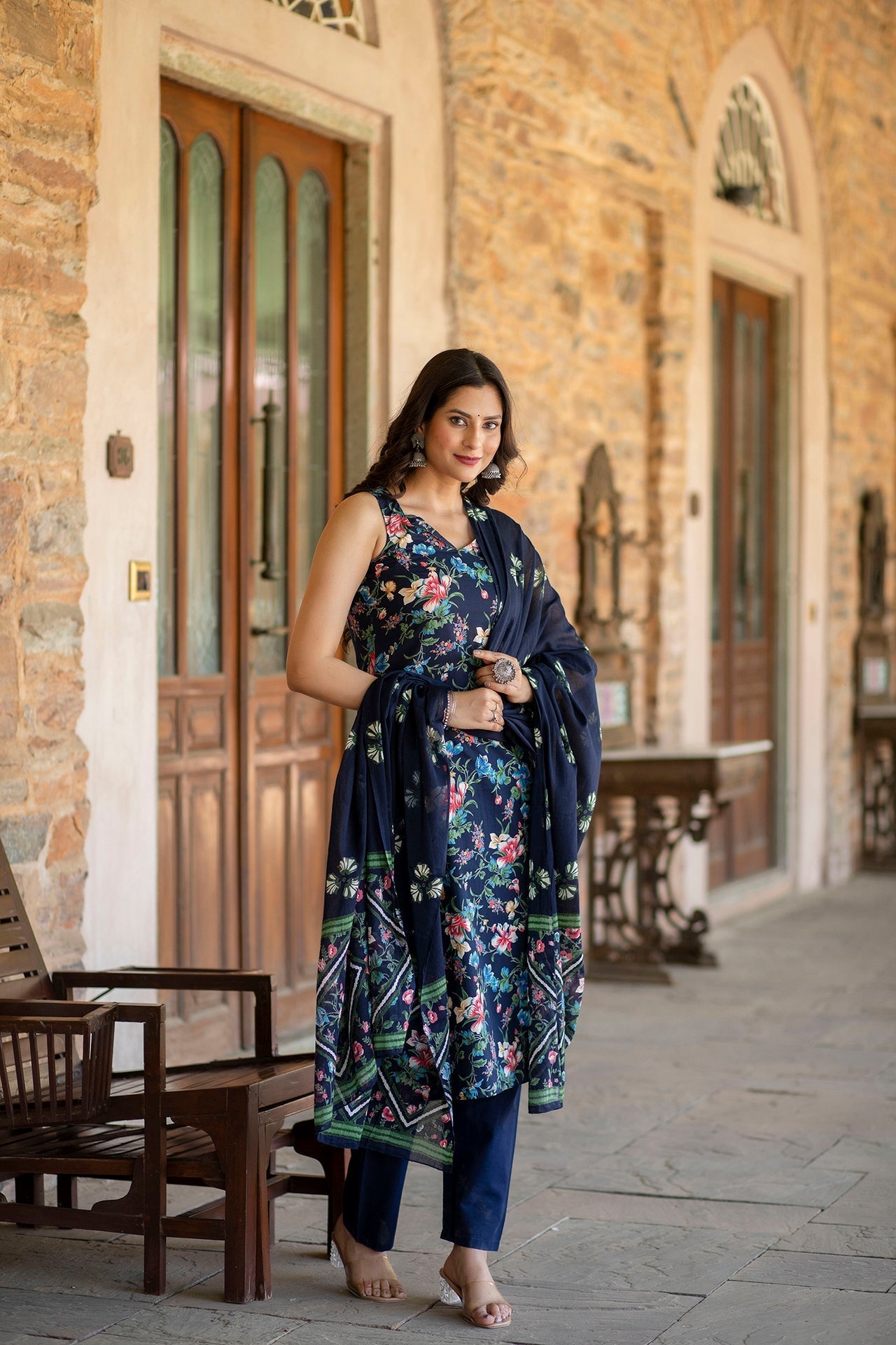 Women's Navy Blue Printed Straight Kurta With Trouser And Dupatta - Taantav