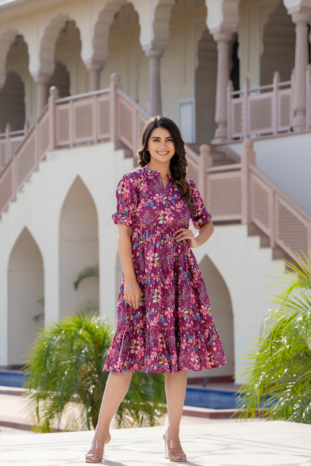Women's Burgundy Printed Flared Dress