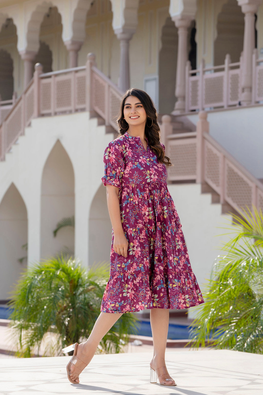 Women's Burgundy Printed Flared Dress