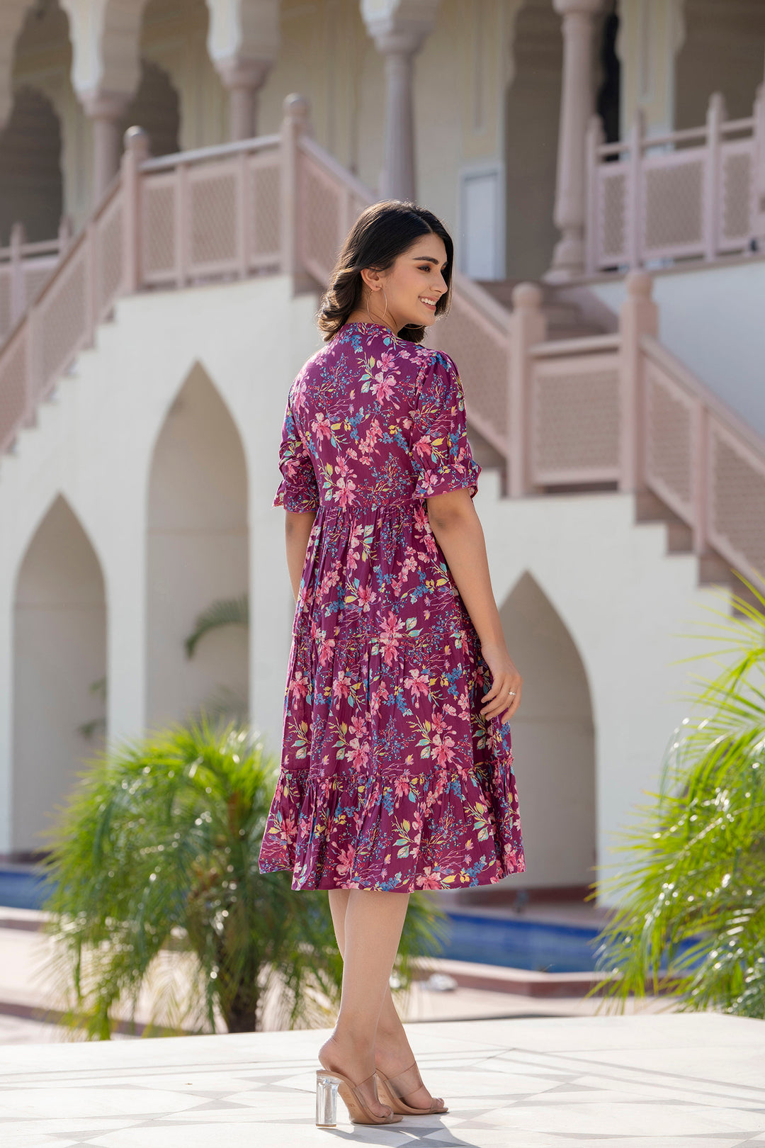 Women's Burgundy Printed Flared Dress