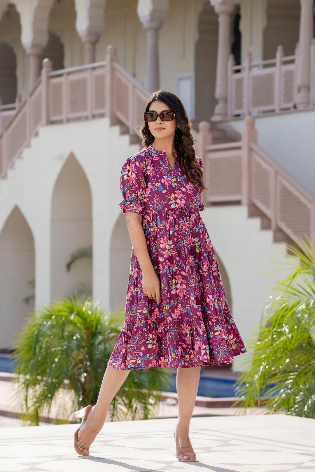 Women's Burgundy Printed Flared Dress