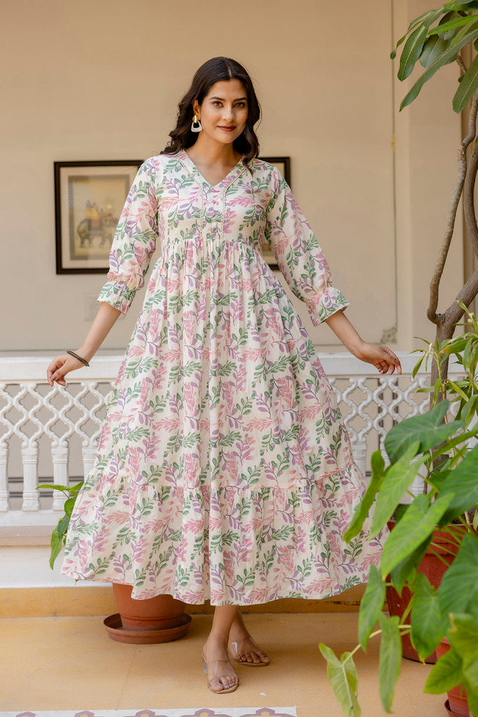 Women's Off-White Floral Printed Flared Dress With Three quarter Sleeves