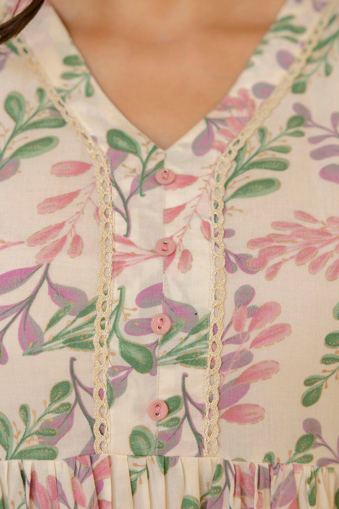 Women's Off-White Floral Printed Flared Dress With Three quarter Sleeves