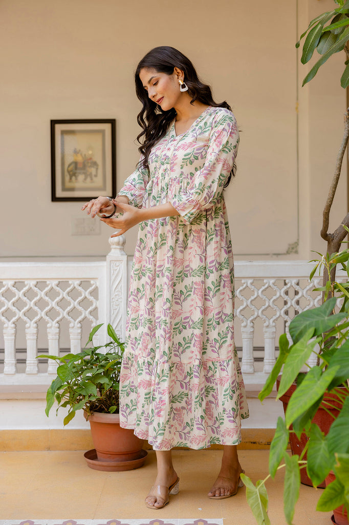Women's Off-White Floral Printed Flared Dress With Three quarter Sleeves